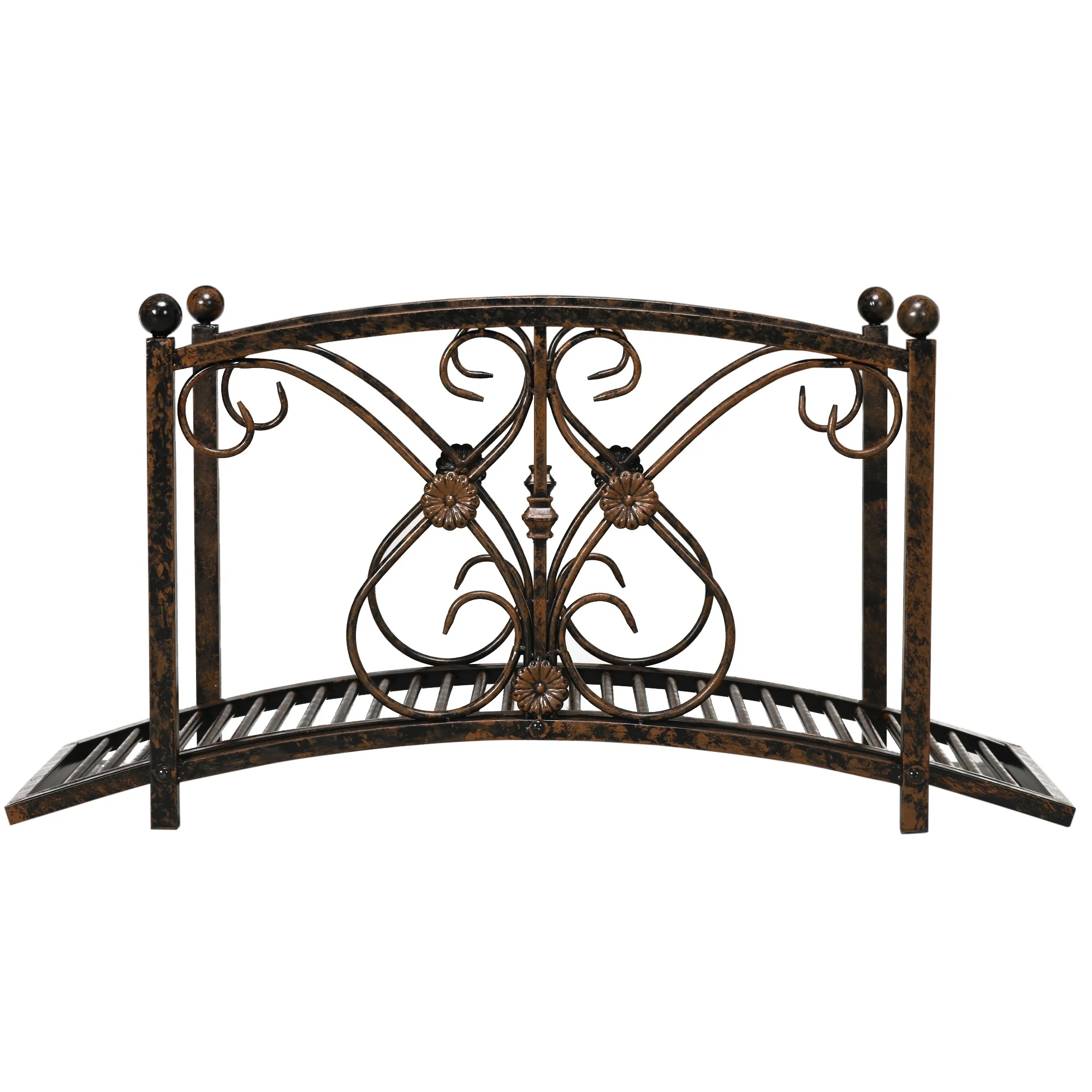 Outsunny 3.3FT Metal Arch Zen Garden Bridge with Safety Siderails, Decorative Footbridge, Delicate Floral Scrollwork for Stream, Fish Pond, Brown - Image 6