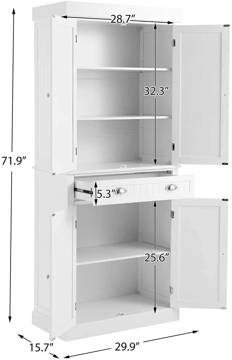 Yoleny Kitchen Pantry, 72-?Freestanding Storage Cabinets with Doors and Shelves, Elegant Colonial Design Cabinet Cupboard, White - Image 6