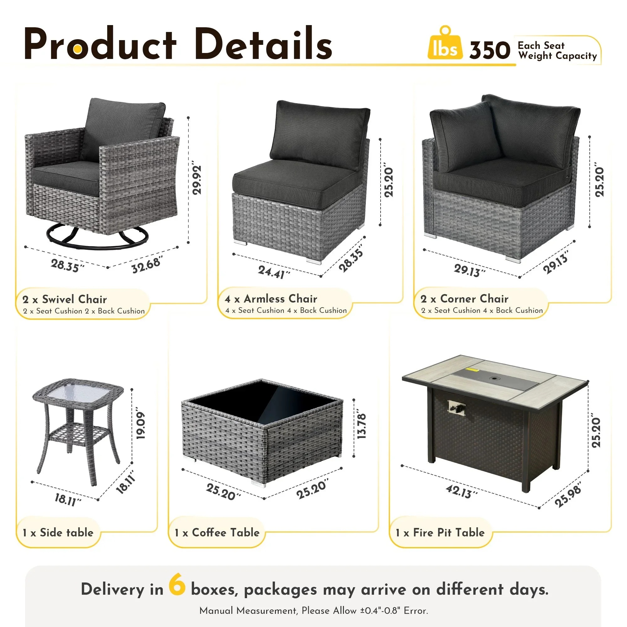 Vcatnet 11 Pieces Outdoor Patio Furniture Sets with Fire Pit Sectional Sofa All Weather Wicker Conversation Set with Swivel Glider Chairs, Black - Image 2