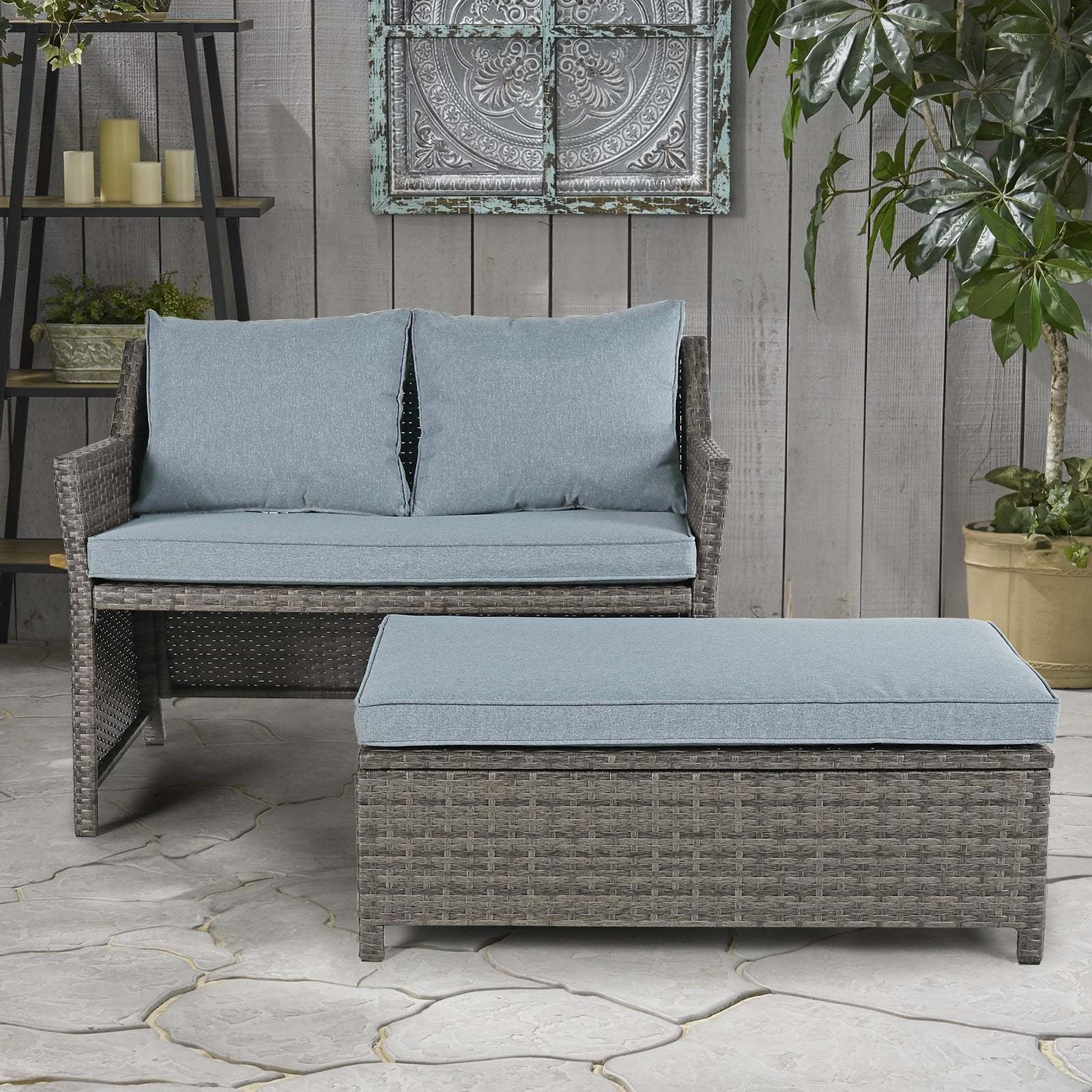 Outdoor Wicker Love Seat and Coffee Table Set, Weather Resistant Grey Rattan, Patio Furniture with Gray Cushions & Storage Bin - Image 8