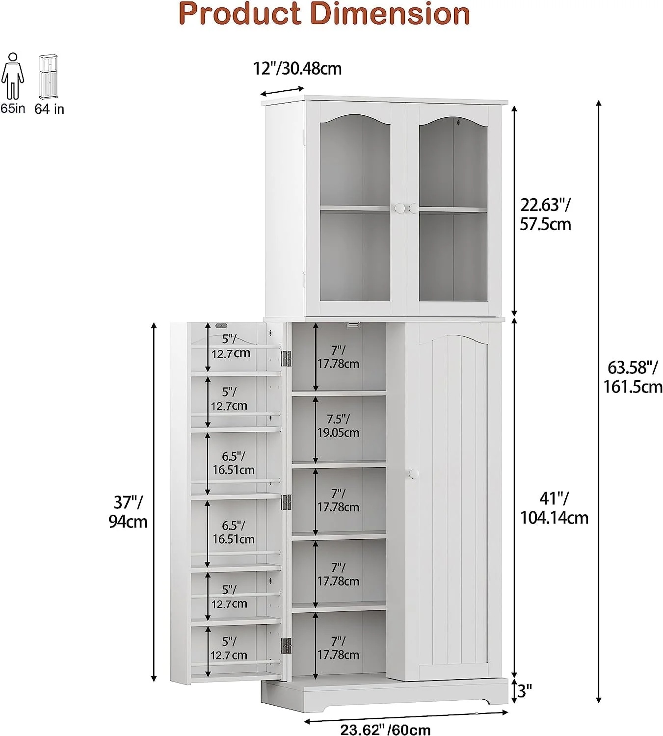 HOMEFORT 64" Kitchen Pantry Cabinet, Modern Tall Cabinet with MDF board and Adjustable Shelves, Freestanding Utility Storage Cabinet Cupboard for Kitchen, Living Room, Dining Room, White - Image 6