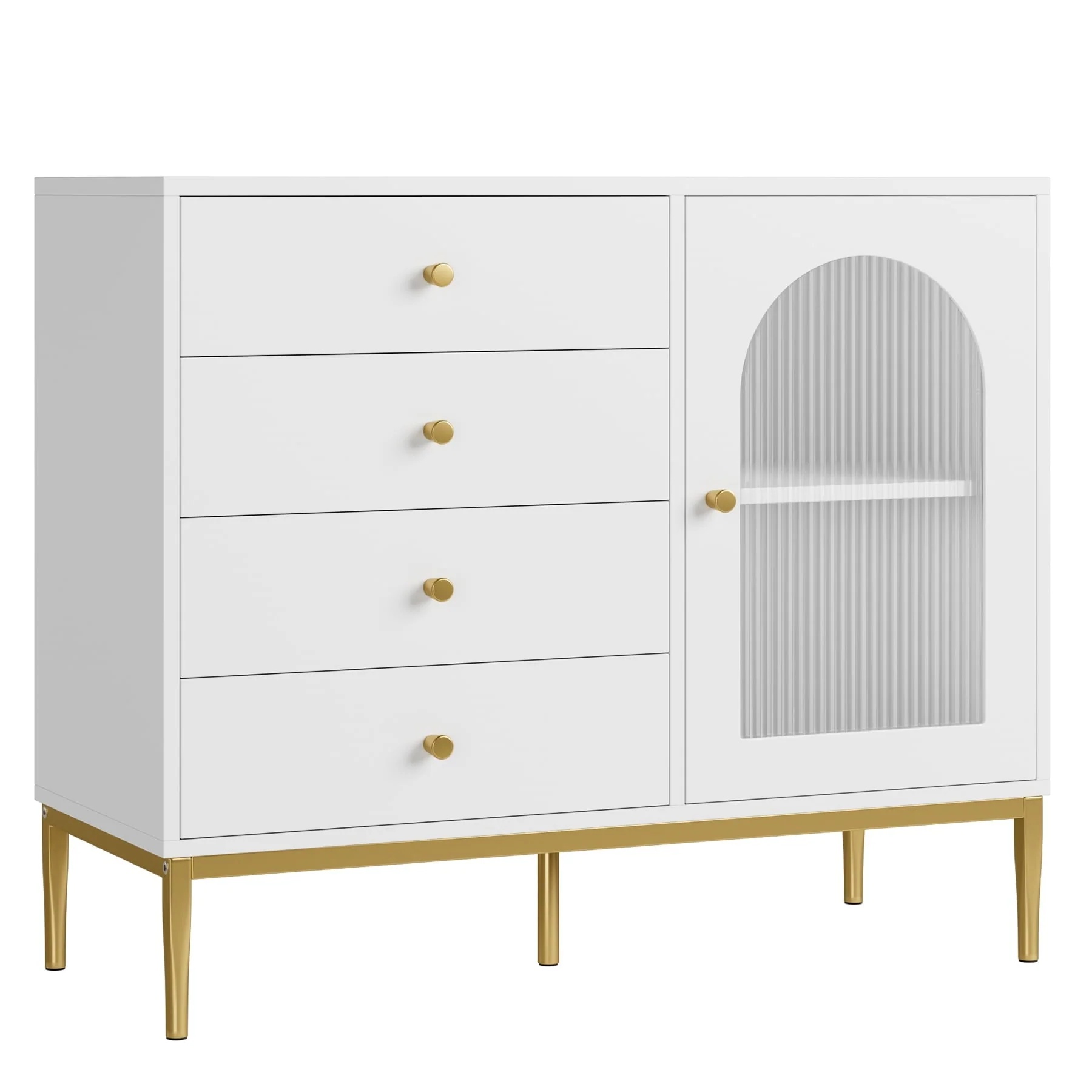Homfa 4 Drawer Storage Cabinet, Modern Wooden Cupboard with Frosted Glass for Living Room, White Finish - Image 9