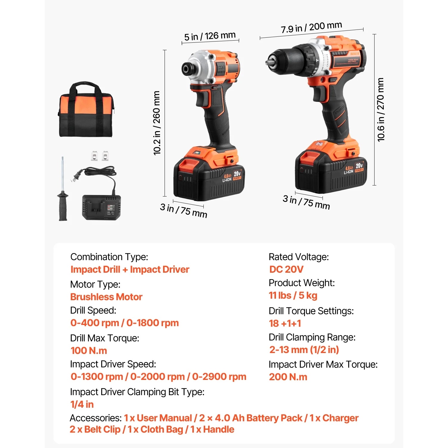 KFFKFF Instrument Set, Cordless 20V Maximum 2-Instrument Set, Incorporating 1/2 inch Impact Drill and 1/4 inch Impact Driver, Compact Wireless Power Instrument Set with 4.0 Ah Batteries, Bolts - Image 8