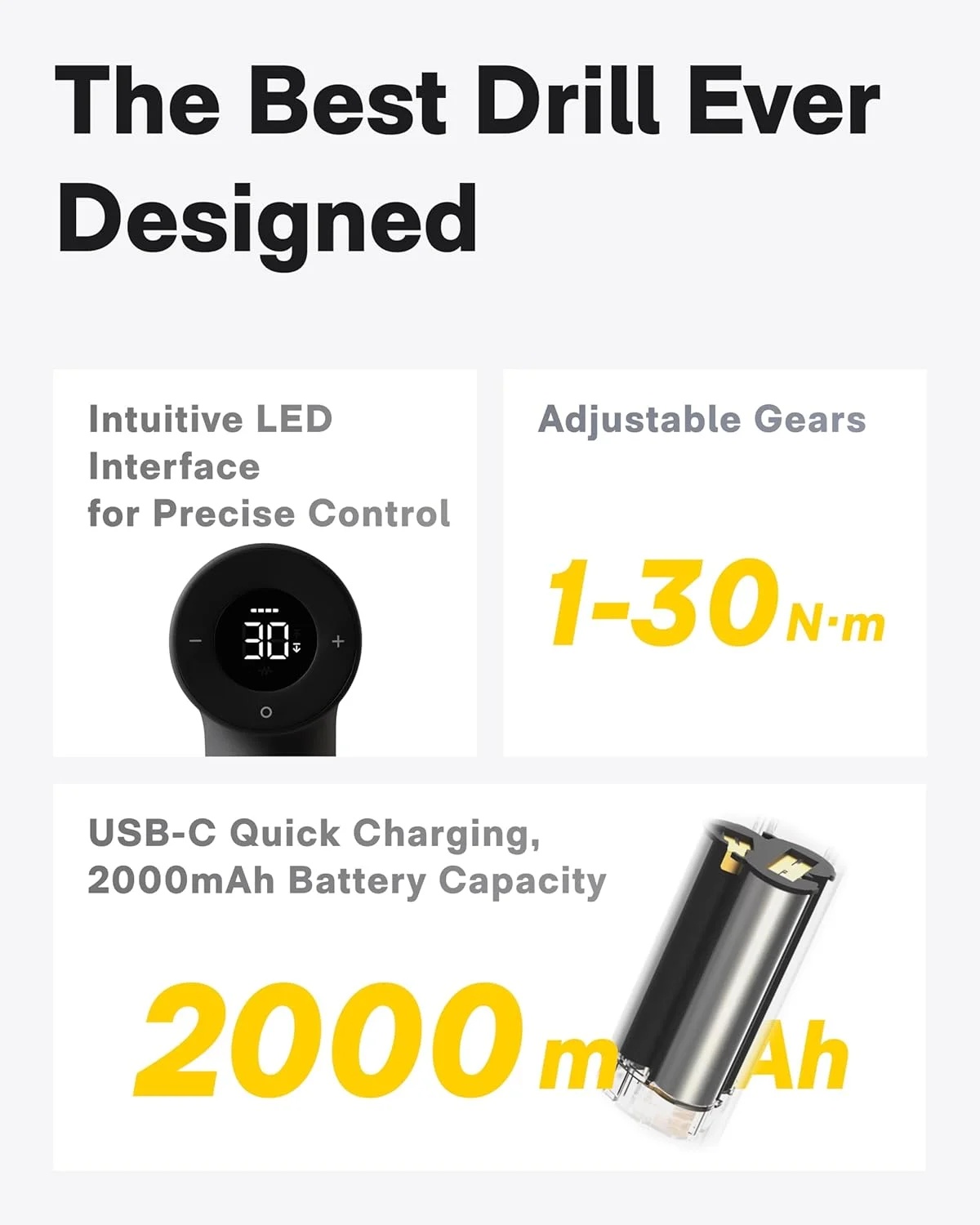 HOTO Cordless Brushless Drill Tool Set, Variable Speed, Hidden Buckle, LED Screen, Intelligent Digital Display, Safe, Exquisite & Practical, High-end Drill Kit for Home/Daily Use - Image 5