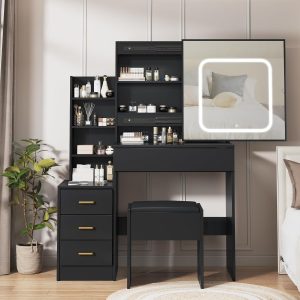 Vanity Desk with Sliding Mirror and Lights, Makeup Vanity Set with Power Outlet, 4 Drawers, Stool, Open Shelves, 3 Color Lighting Modes, Brightness Adjustable, Makeup Dressing Table for Bedroom