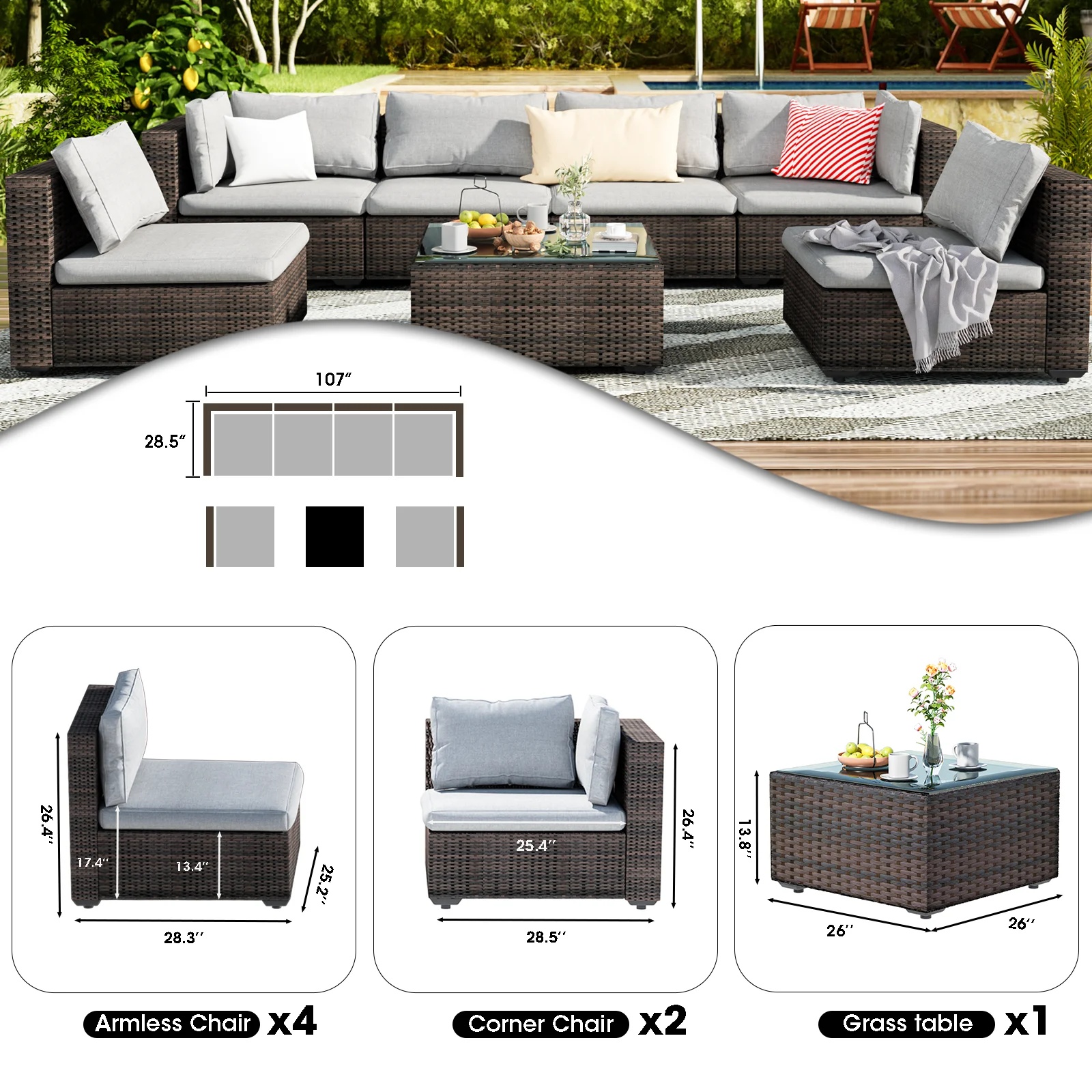 Grezone 7 Patio Outdoor Furniture Wicker Sectional Sofa Couch Lawn Sectional, Black - Image 36