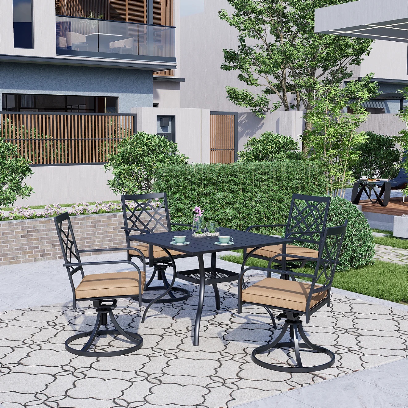 SUNCROWN 7-Piece Outdoor Wrought Iron Chairs and Table Patio Dining Furniture Set - 6 Stackable Metal Chairs, 1 Steel Slat Bistro Table and 1 Brown 9Ft Patio Umbrella for Garden Backyard Deck - Image 76