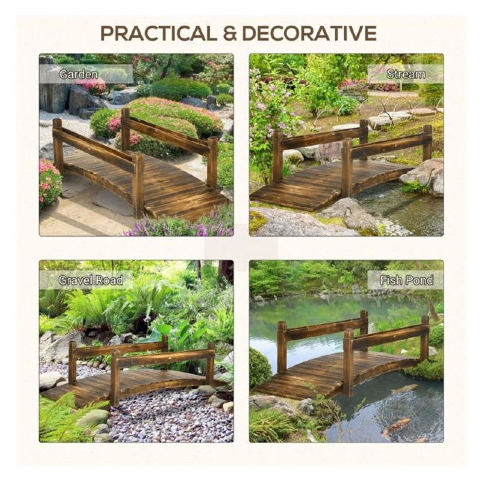 Wooden Garden Bridge Arc Footbridge 90.5" - Stained Fir Wood Outdoor Bridge with Planters - Zen Garden Decor, Walkways, Pond & Stream - Image 4