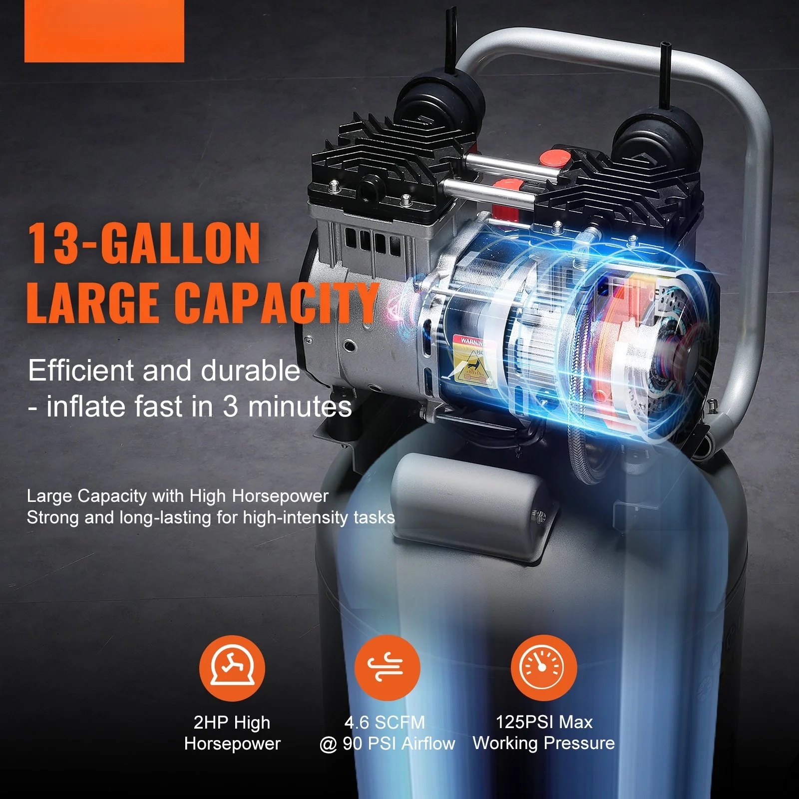 13-Gal 2HP Air Compressor - 4.6 SCFM Oil-Free | Ultra-Quiet for Tires - Image 2