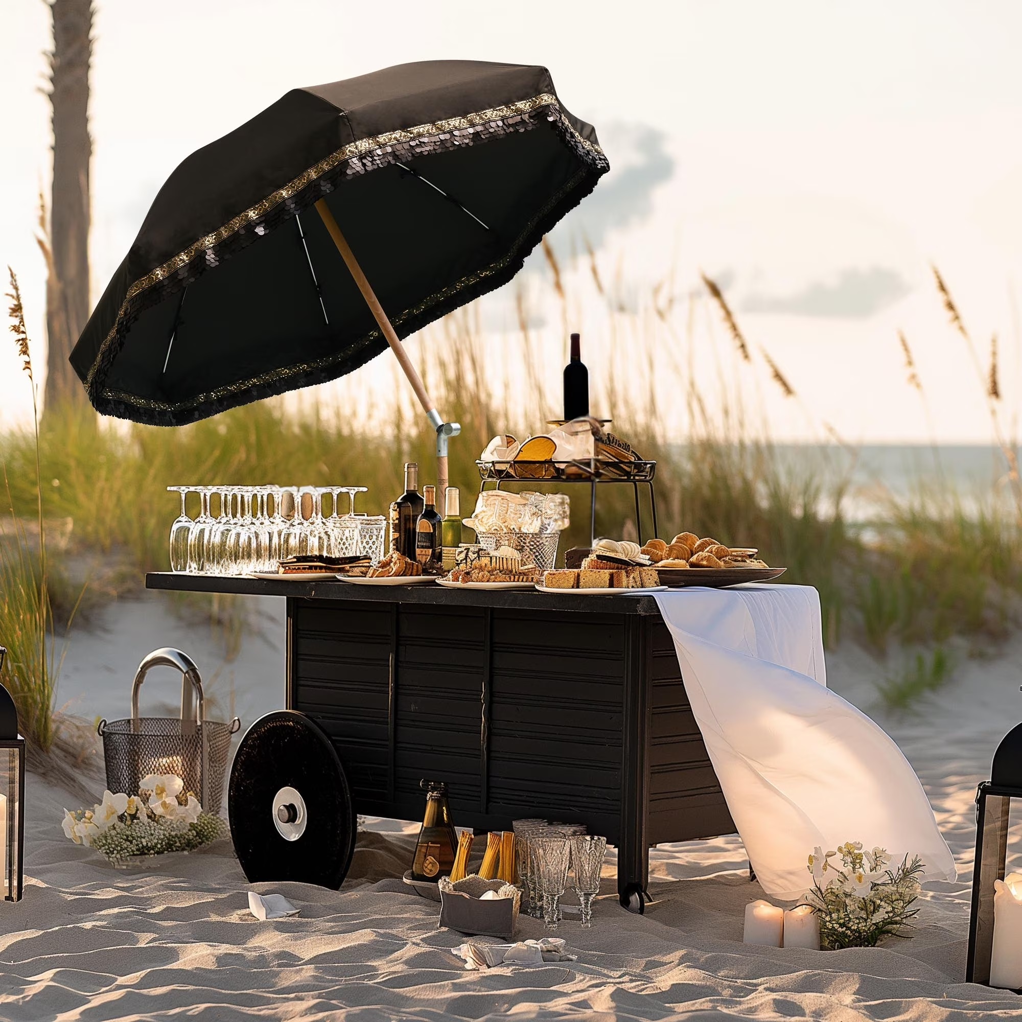 LAGarden 6 Ft Fringe Patio Umbrella with Tassel Jazz Age Wood UPF50+ for Outdoor, Beige with gold tassel,Model: JZ6-01 - Image 3