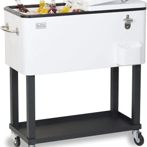 BLACK+DECKER, Outdoor Mobile Cooler Cart, 2 Door Seal Lid, Bottle Opener with Catch Basin, Bottom Storage Tray, White, BCC20W