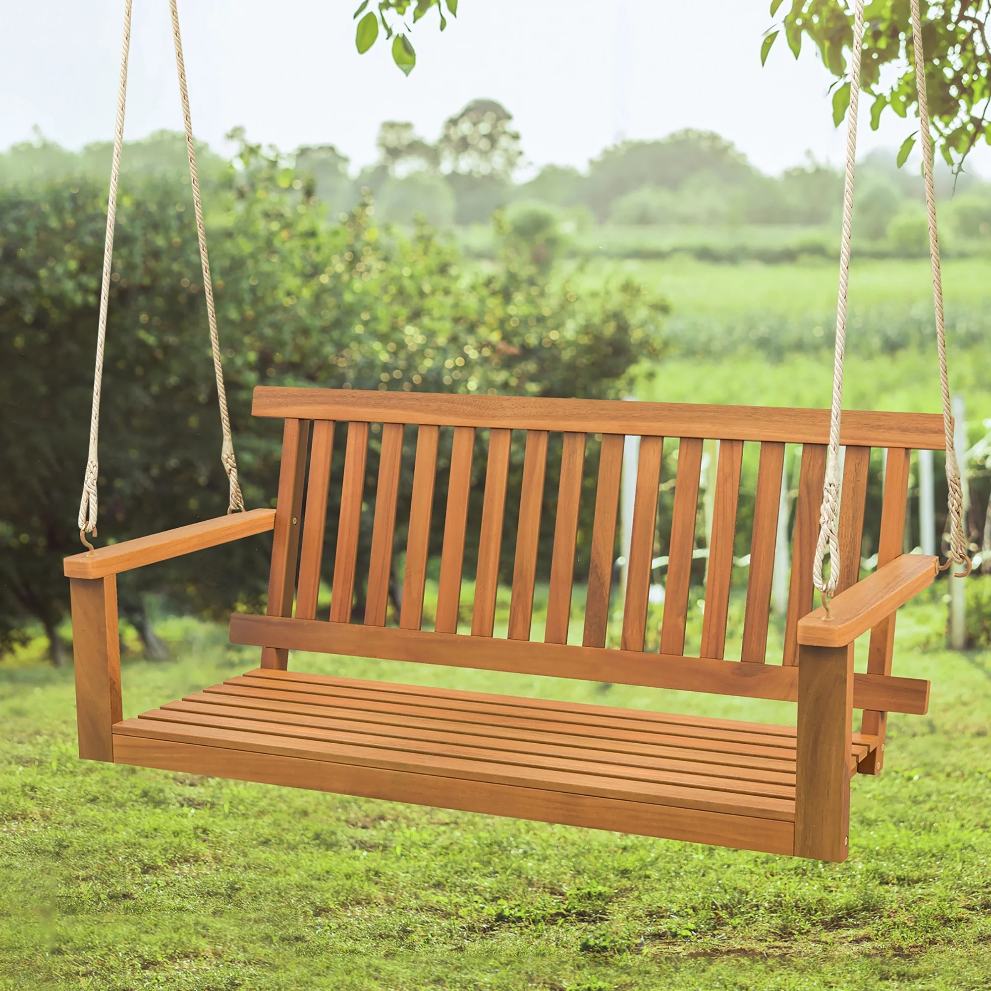 Gymax 2-Person Acacia Wood Outdoor Porch Swing Patio Hanging Bench Chair Natural - Image 8