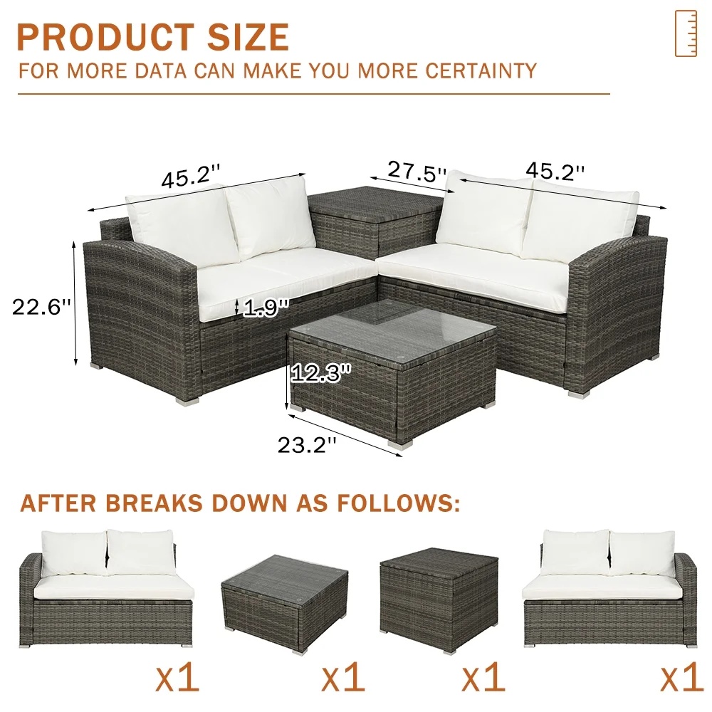 UHOMEPRO 4-Piece Rattan Patio Furniture Sets, All-Weather PE Wicker Patio Conversation Set with Storage Box, Glass Coffee Table, Outdoor Sectional Sofa Set for Backyard Patio Garden Poolside, Gray - Image 19