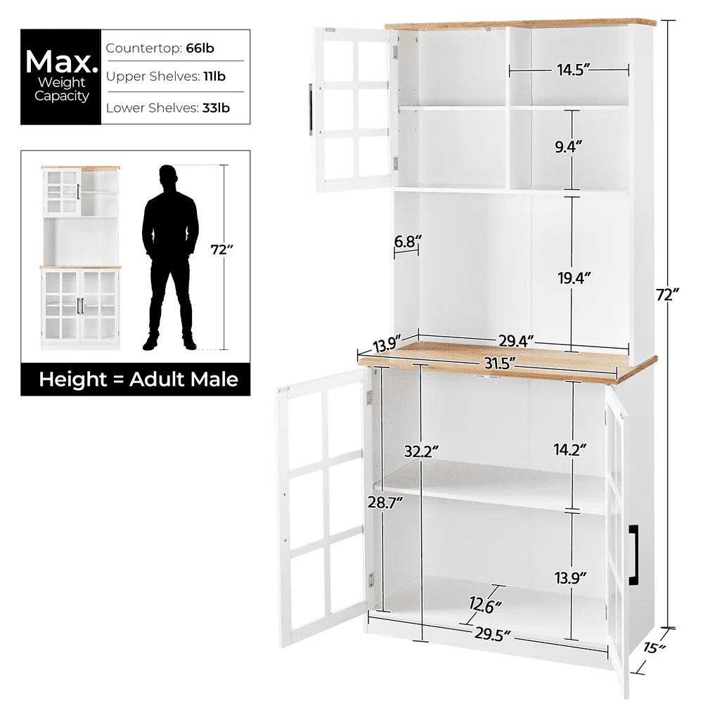 SmileMart 72"H Kitchen Pantry Storage with 3 Cabinets 2 Open Shelves for Dining Room, White - Image 3