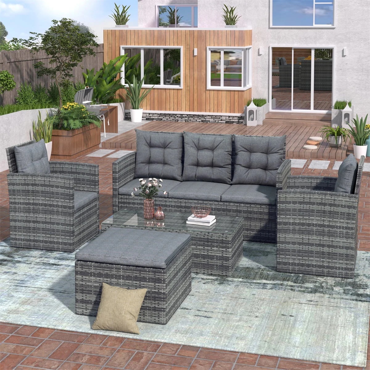 5 Piece Patio Furniture Sets, Outdoor Conversation Sets with Glass Coffee Table, Wicker Rattan Sectional Sofa Couch with Storage Bench, Ottomans & Cushions for Garden, Pool, Backyard, Gray - Image 3