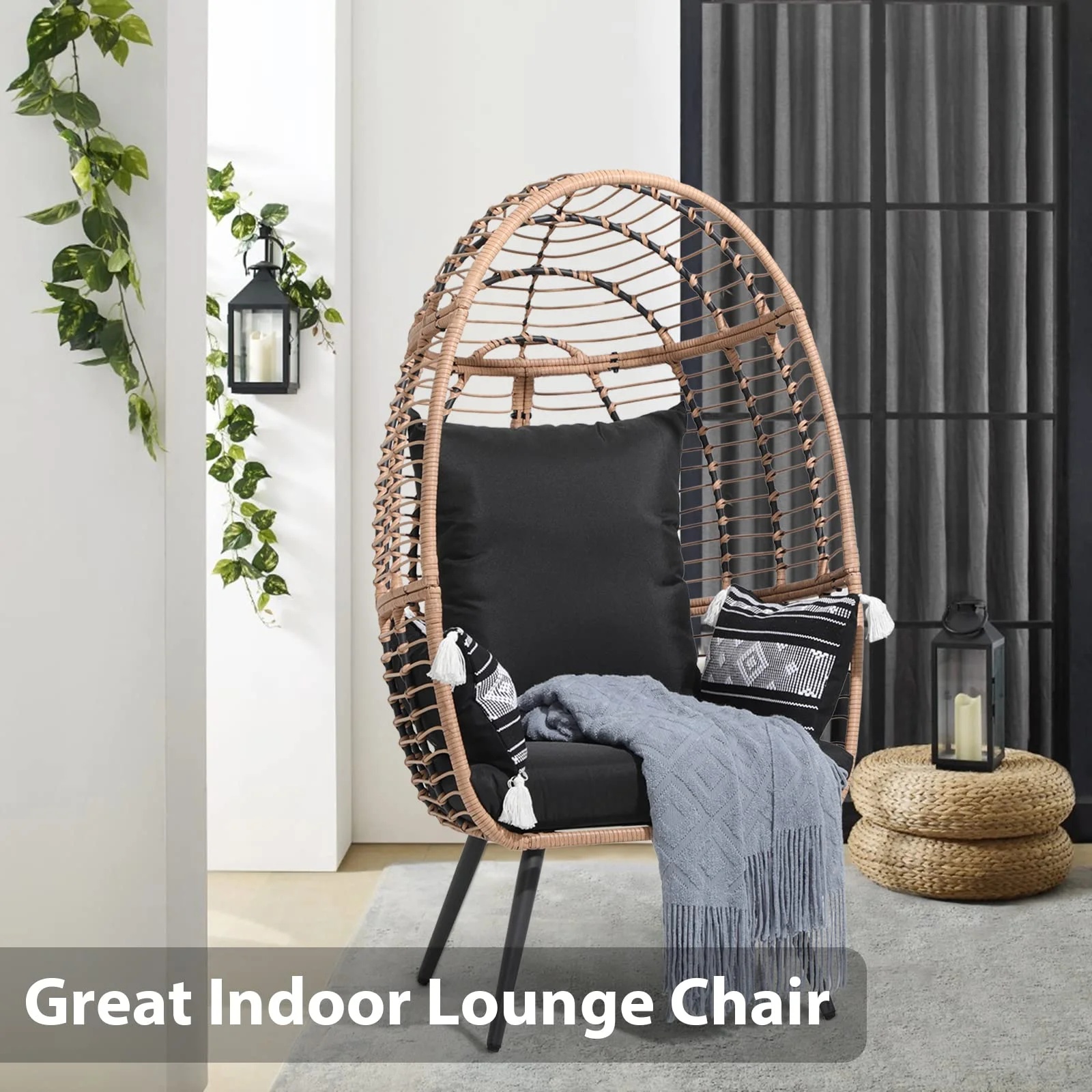 Indoor Outdoor Swing Egg Chair with Stand, Patio Foldable Grey Wicker Rattan Hanging Chair with Cushion, Light Gray - Image 26