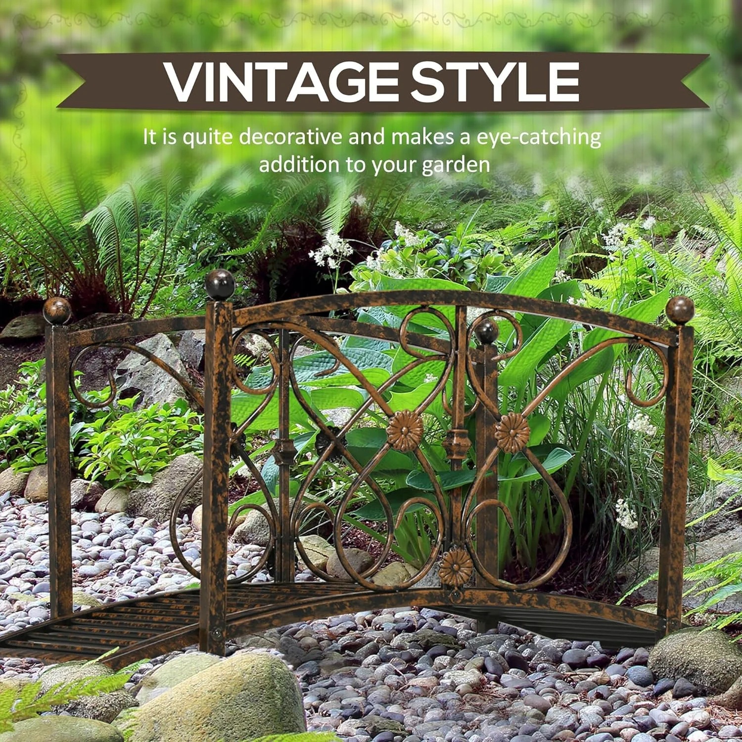 Metal Arch Zen Garden Bridge with Safety Siderails, Decorative Footbridge, Delicate Floral Scrollwork for Stream, Fish Pond, Brown - Image 3