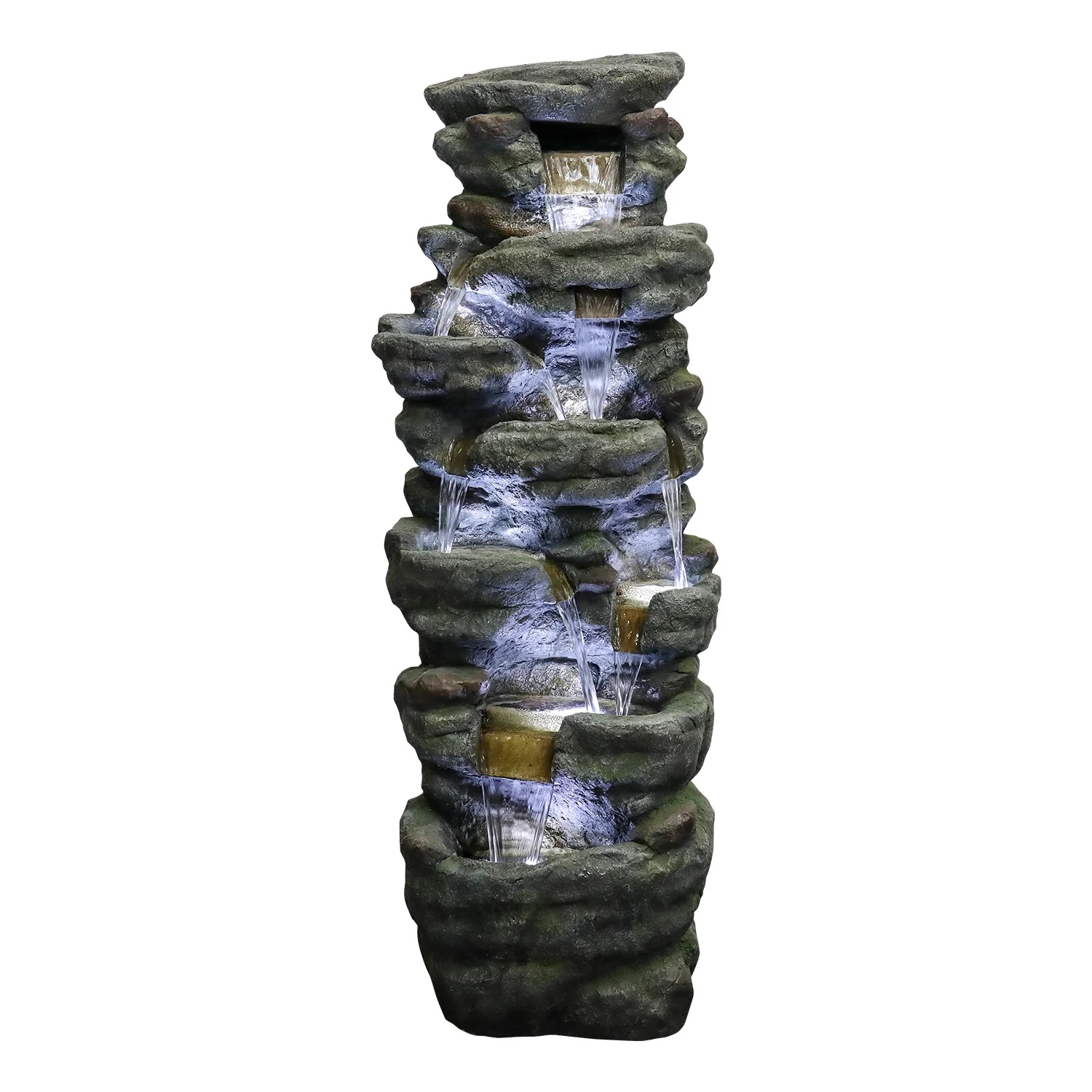 51" H Outdoor Water Fountain - 7-Tiers Rock Waterfall Fountain with LED Lights for Home Garden Decor - Image 5