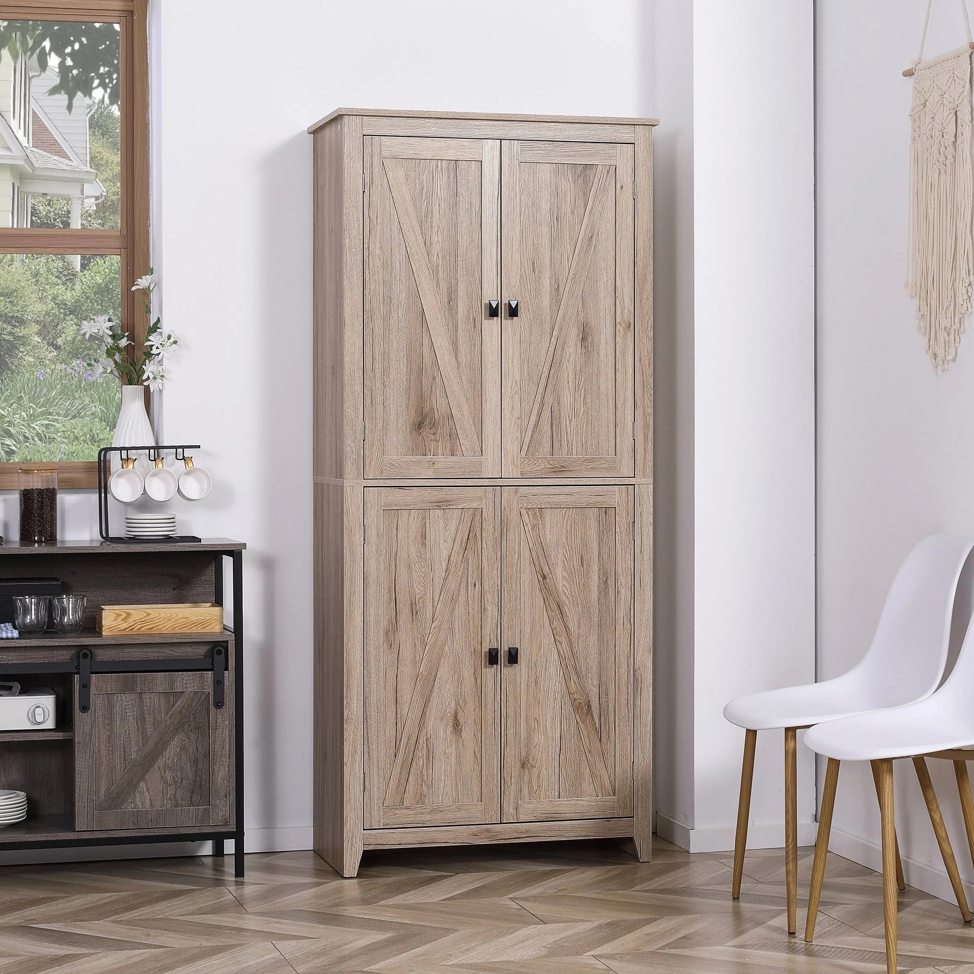 HOMCOM 72" Freestanding 4-Door Kitchen Pantry, Storage Cabinet Organizer with 4-Tiers, and Adjustable Shelves, Natural - Image 2