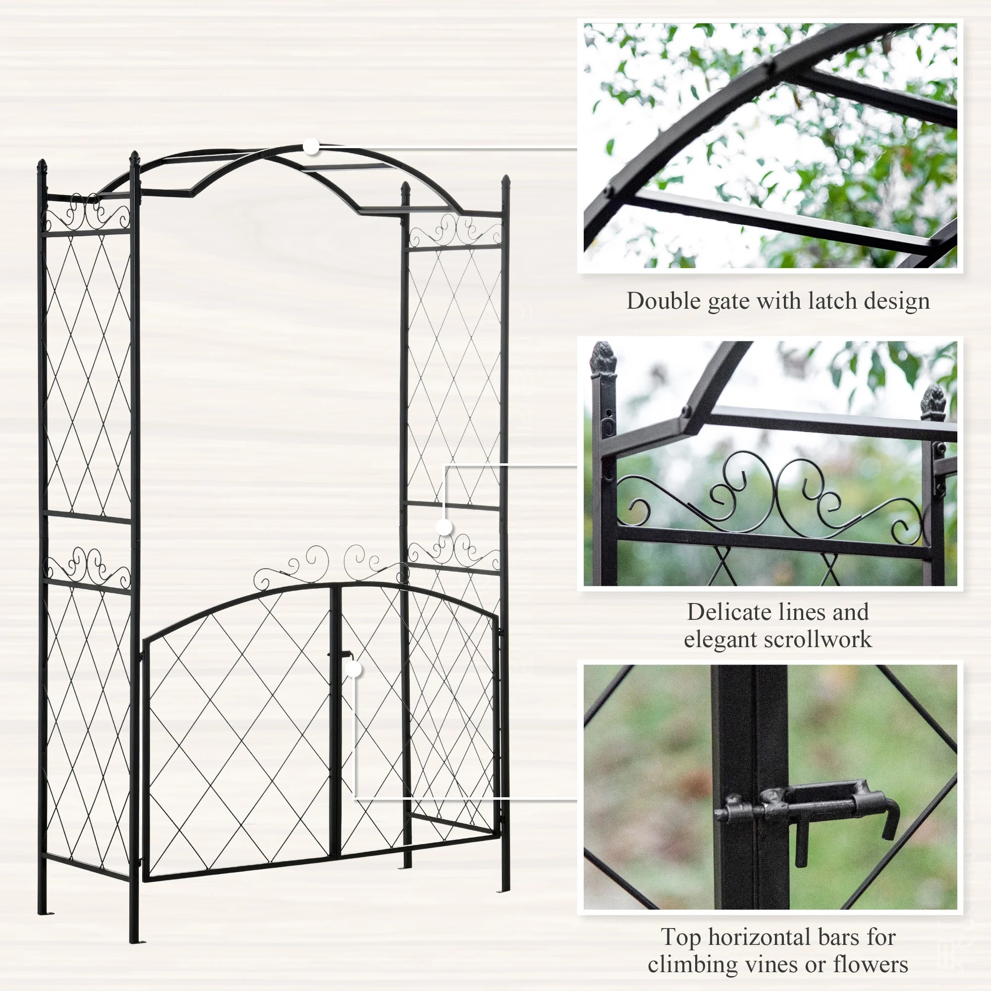 Outsunny 85" Garden Arch Arbor, Metal Arch Trellis with Gate, Garden Archway for Climbing Vines, Wedding Ceremony Decoration, Black - Image 5