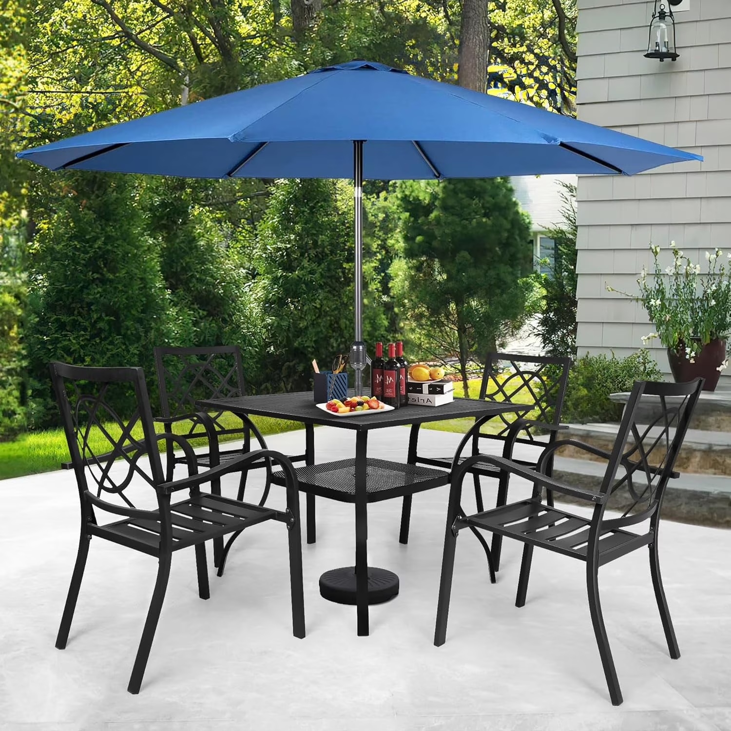 SUNCROWN 7-Piece Outdoor Wrought Iron Chairs and Table Patio Dining Furniture Set - 6 Stackable Metal Chairs, 1 Steel Slat Bistro Table and 1 Brown 9Ft Patio Umbrella for Garden Backyard Deck - Image 11