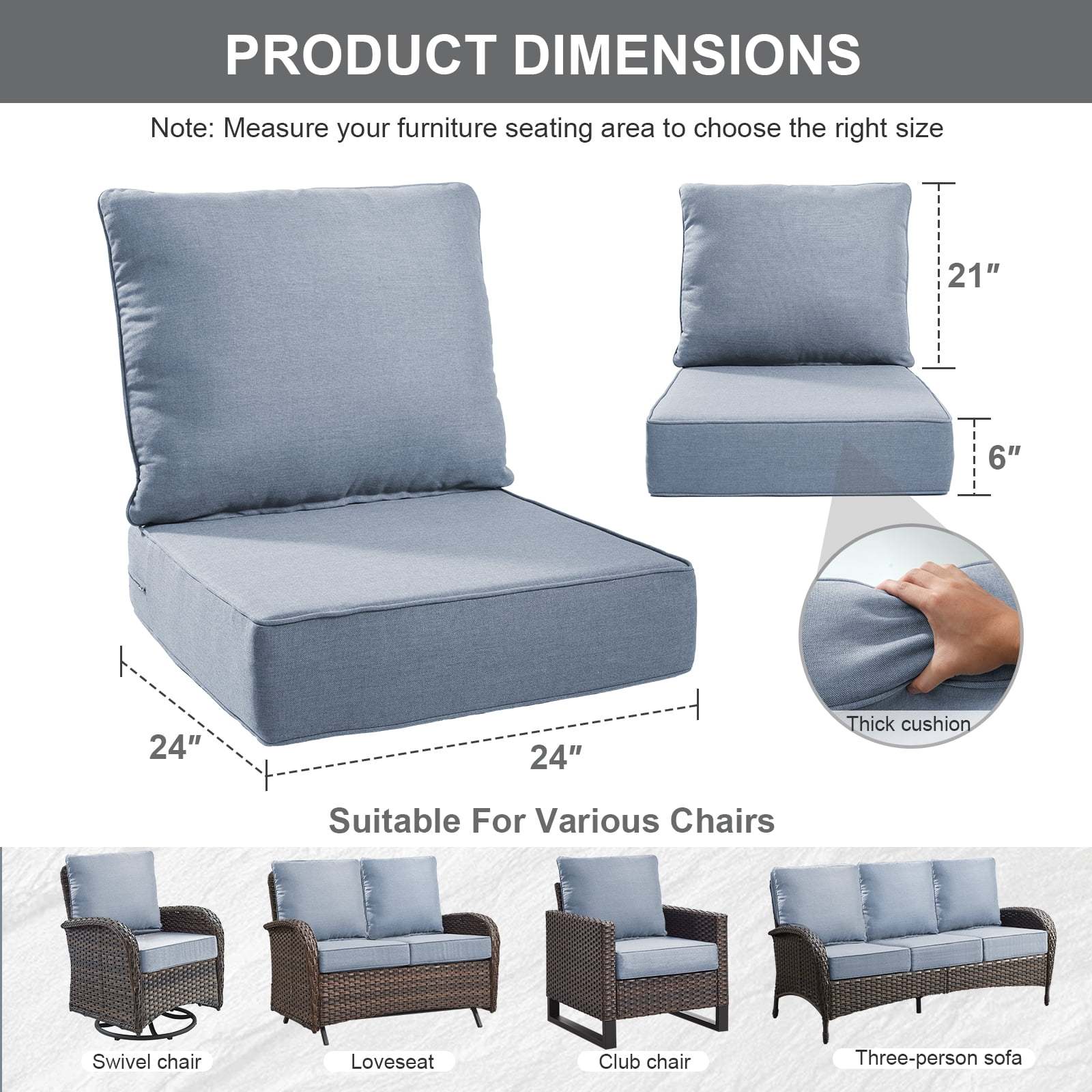 Terraloom 6 Inch Outdoor Cushions 24x24" - Water Resistant 2 Set Deep Seating Patio Chair Back&Seat Cushion for Wicker Rocking Swivel Chairs Loveseat Couch Sectional Sofa in Beige - Image 48