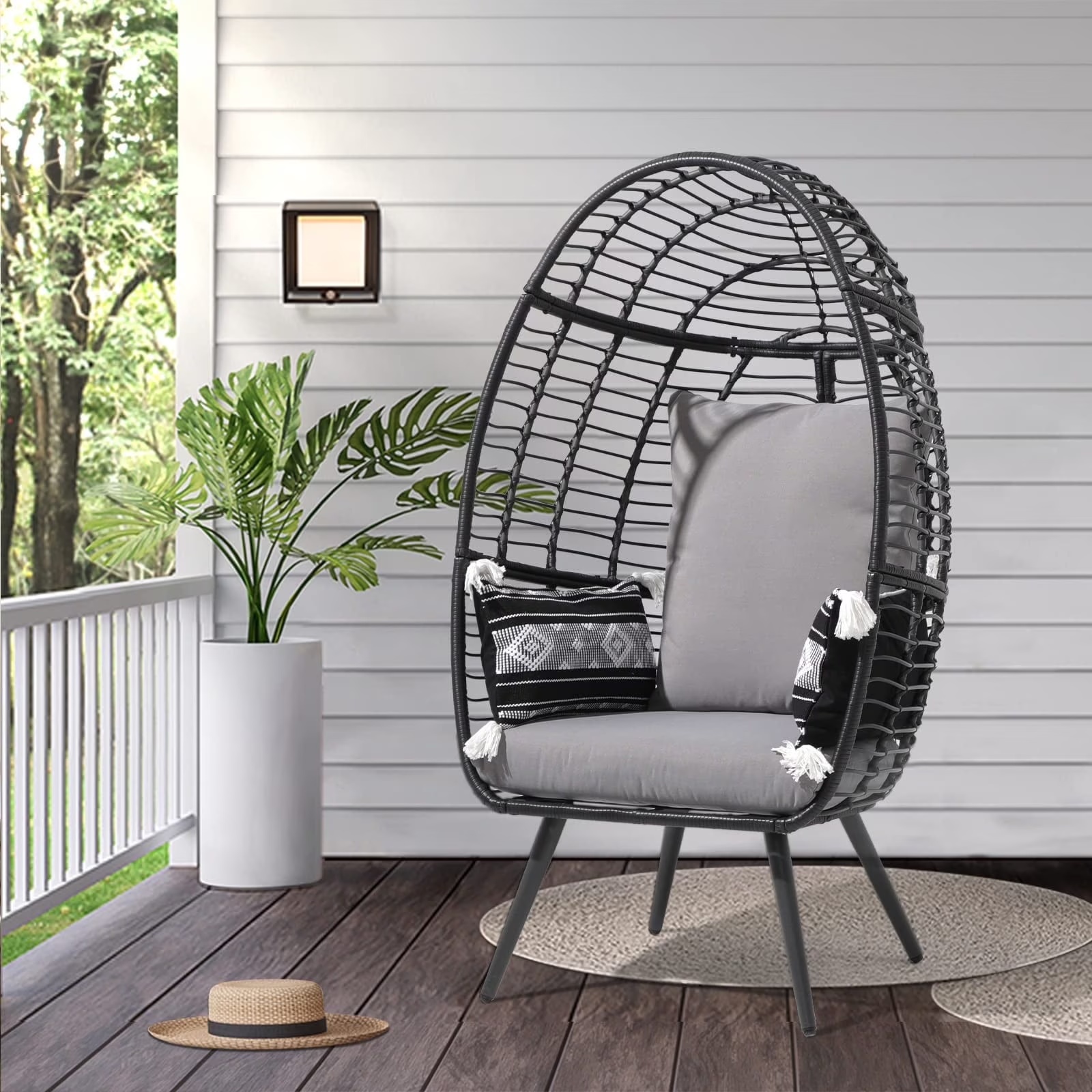 Indoor Outdoor Swing Egg Chair with Stand, Patio Foldable Grey Wicker Rattan Hanging Chair with Cushion, Light Gray - Image 5