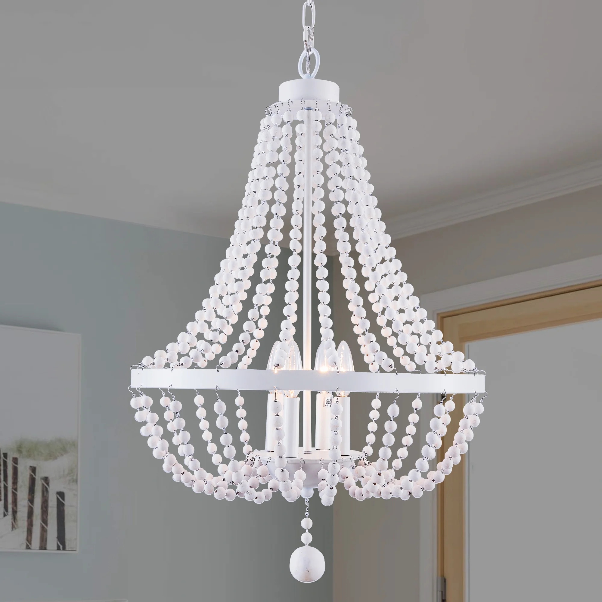 Oaks Aura 4-Light Farmhouse Wood Beaded Chandelier Adjustable Height Black Finish Boho Pendant Lighting - Image 11
