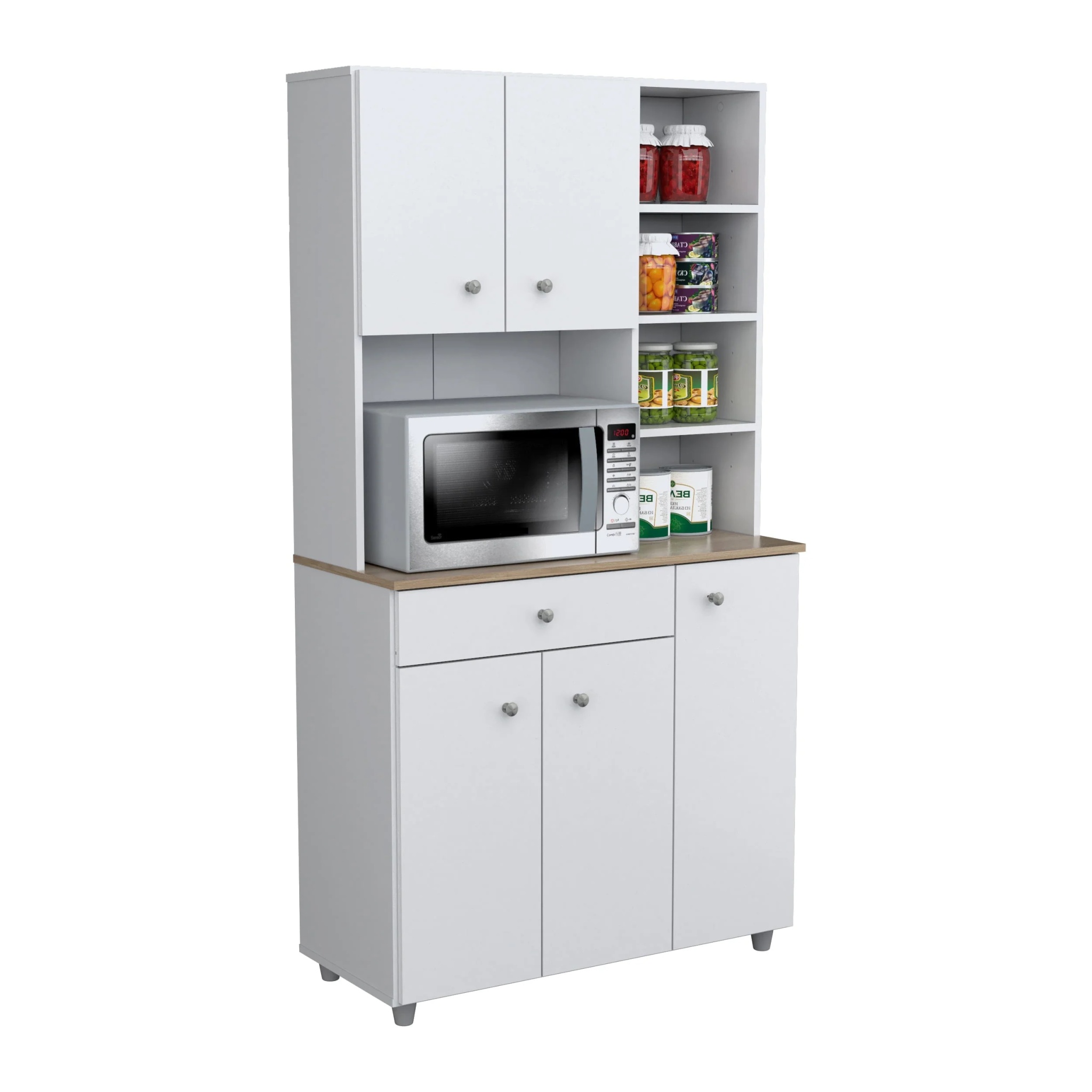 Inval 10-Shelf Kitchen Microwave Storage Cabinet (35 x 66 x 16), White/Maple - Image 6
