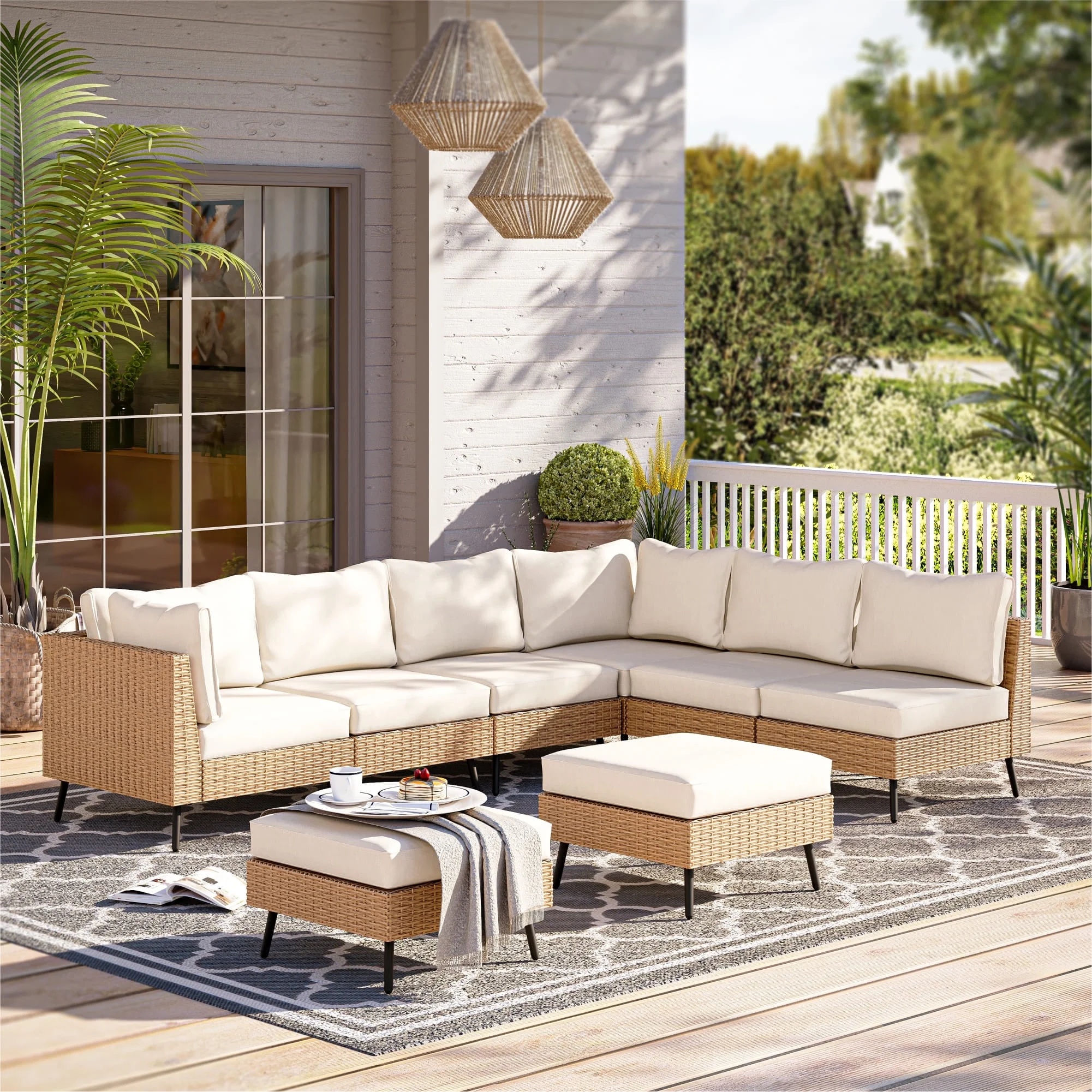 LAUSAINT HOME 6 Pieces Outdoor Furniture Set, Patio Rattan Wicker Sectionals with 4 Chairs and 2 Ottomans, Beige Cushions - Image 13