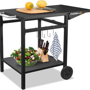 Pizzello Outdoor Bar Cart with Storage Wheel Hook Expandable Countertop, Black