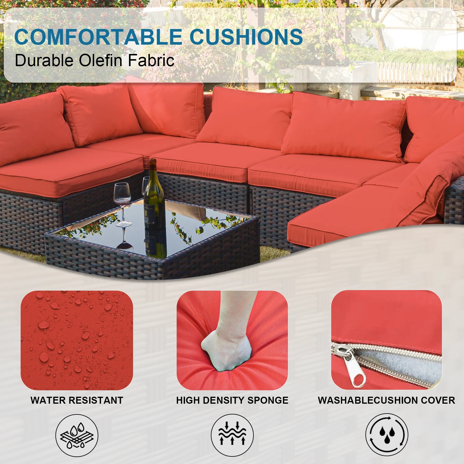 Grezone 7 Patio Outdoor Furniture Wicker Sectional Sofa Couch Lawn Sectional, Black - Image 23