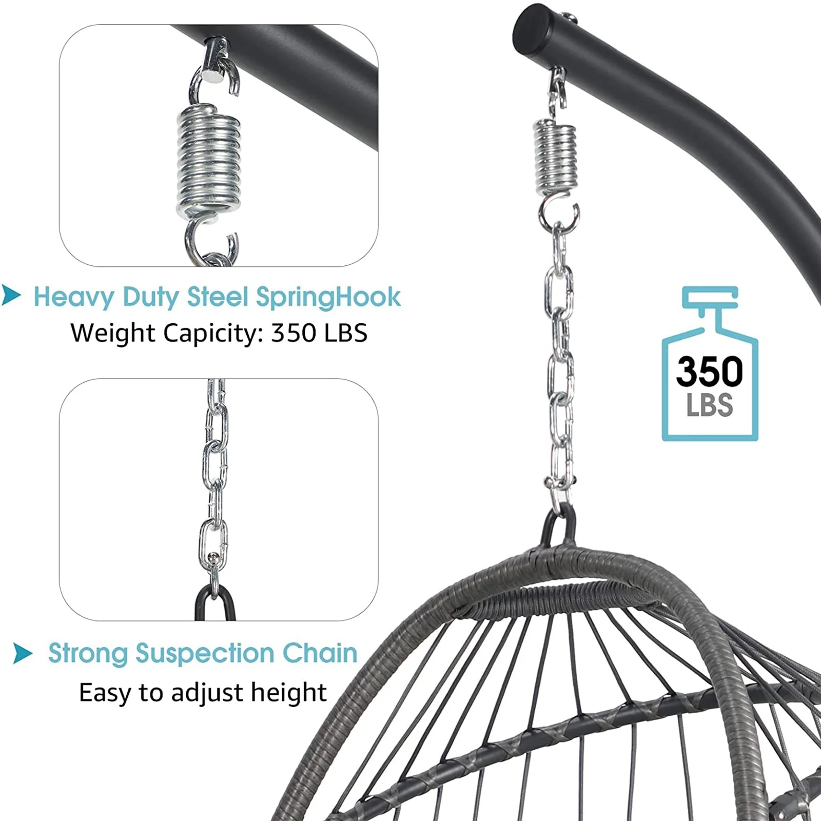 Indoor Outdoor Swing Egg Chair with Stand, Patio Foldable Grey Wicker Rattan Hanging Chair with Cushion, Light Gray - Image 14