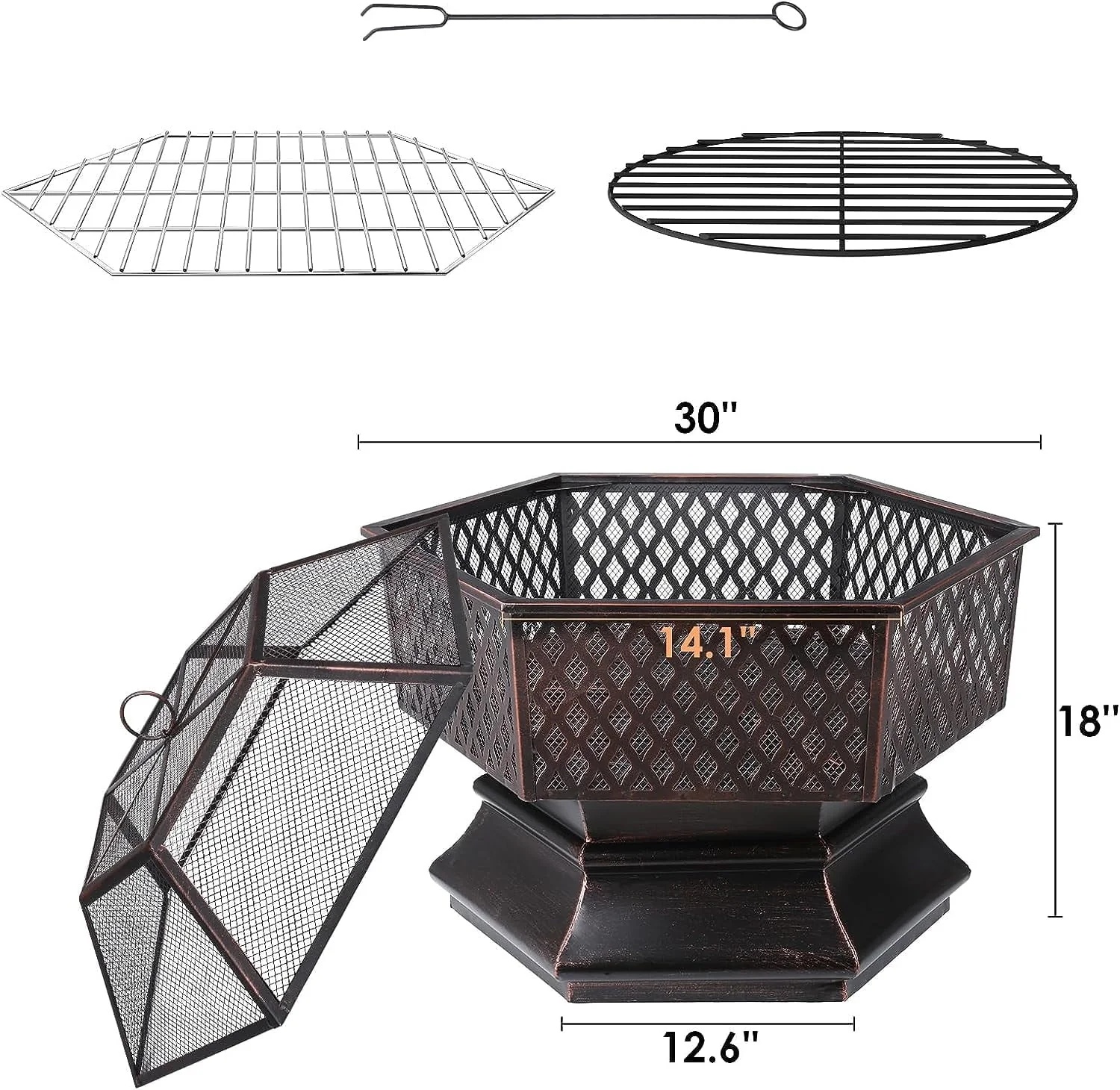 Arlopu 30'' Hex Shaped Steel Fire Pit for Outside, Wood Burning Fireplace Fire Bowl with Spark Screen & Fire Poker for Patio, Backyard, Camping - Image 5