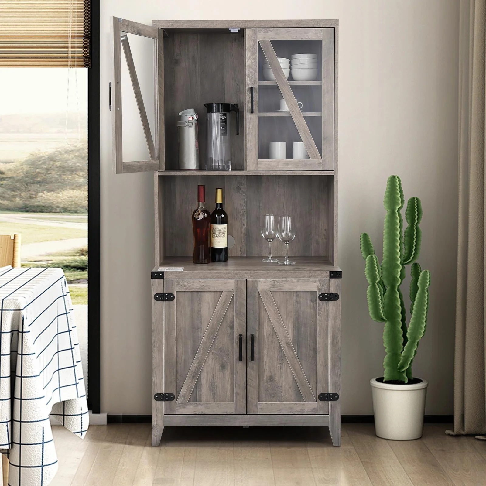 Freestanding Rustic Kitchen Buffet with Hutch, Pantry Storage Cabinet with Adjustable Shelf Grey Oak - Image 2