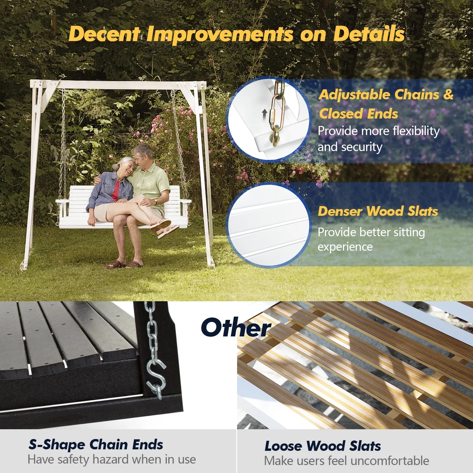 Ktaxon Patio Wooden Porch Swing for Courtyard & Garden, Heavy Duty 880 LBS Swing Chair Bench with Hanging Chains for Outdoors (White, 4 FT) - Image 10