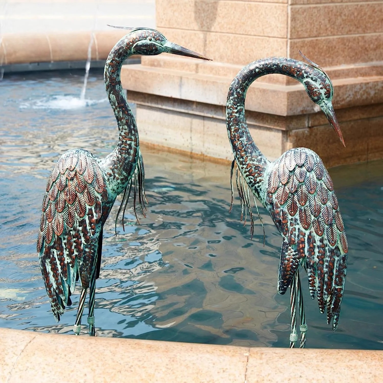 Garden Crane Statues, Standing Metal Patina Heron Decoy Outdoor Statue, 42-46 Inch Bird Yard Art for Patio Lawn Pond, Set of 2 - Image 4