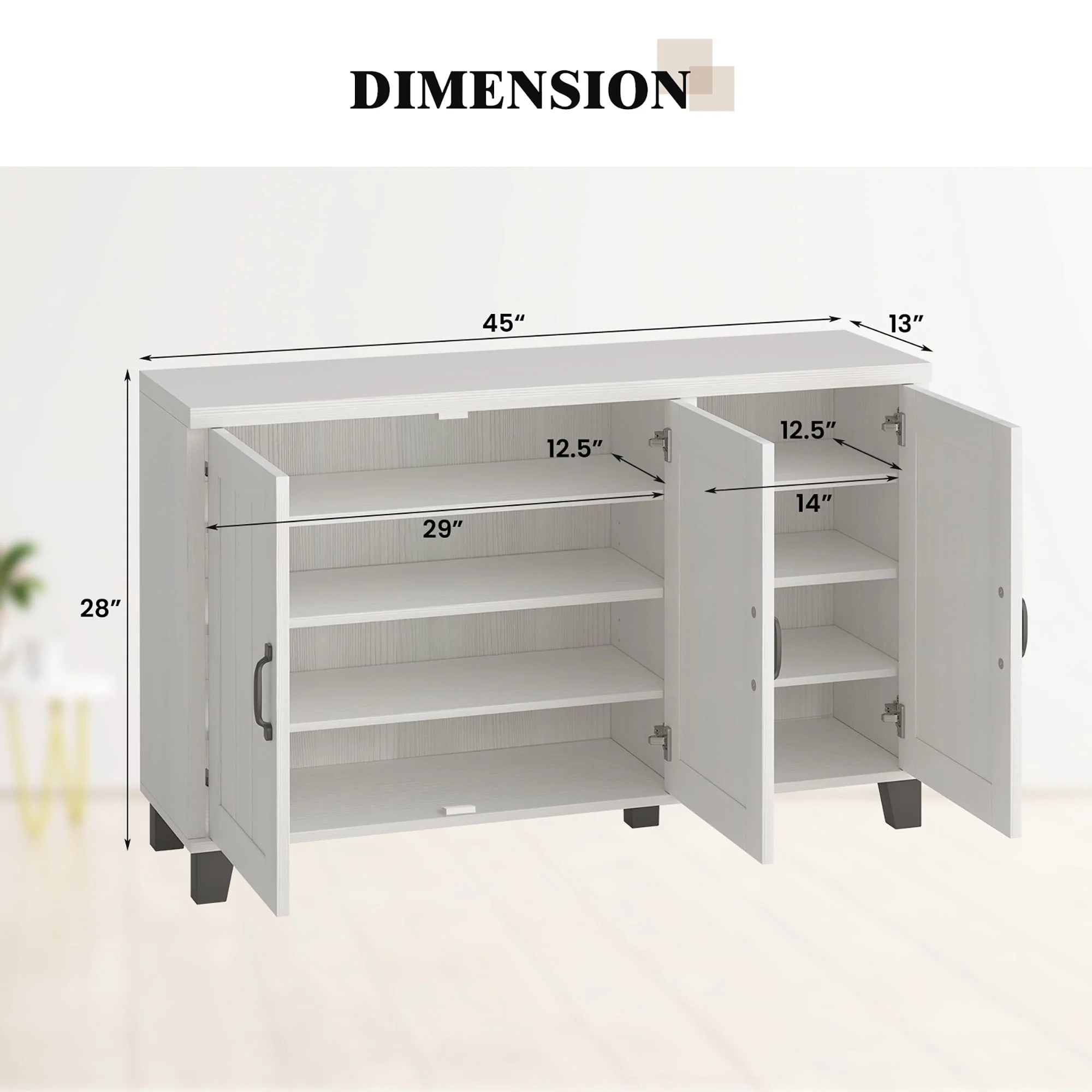 Costway 3-Door Buffet Sideboard Storage Credenza Cabinet Console Adjustable Shelf White Wash - Image 5