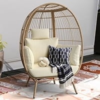 DWVO Wicker Egg Chair, Oversized Indoor Outdoor Lounger for Patio, Backyard, Living Room, Beige - Image 2