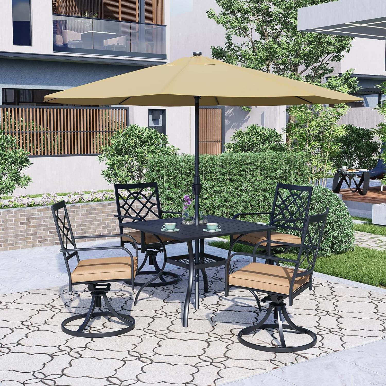 SUNCROWN 7-Piece Outdoor Wrought Iron Chairs and Table Patio Dining Furniture Set - 6 Stackable Metal Chairs, 1 Steel Slat Bistro Table and 1 Brown 9Ft Patio Umbrella for Garden Backyard Deck - Image 19