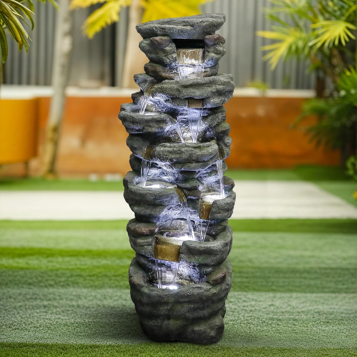 51" H Outdoor Water Fountain - 7-Tiers Rock Waterfall Fountain with LED Lights for Home Garden Decor - Image 2