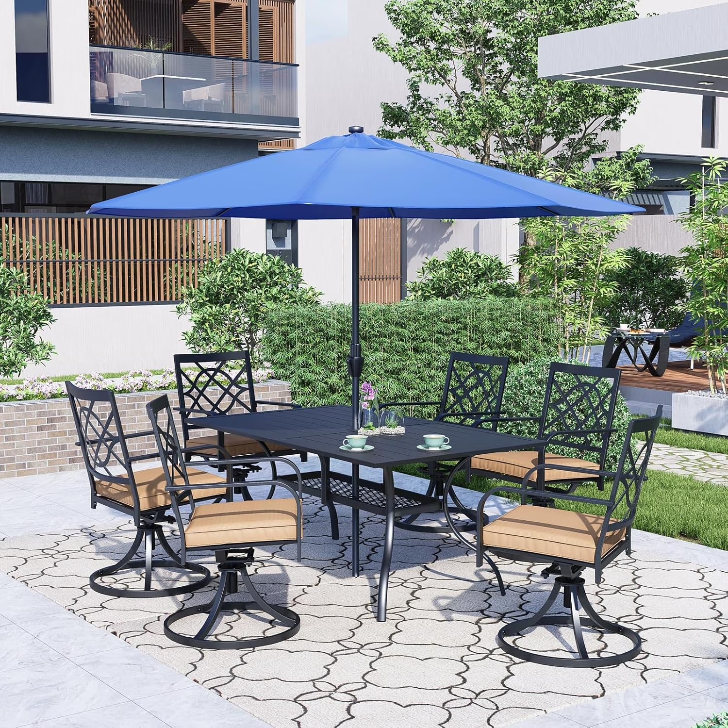SUNCROWN 7-Piece Outdoor Wrought Iron Chairs and Table Patio Dining Furniture Set - 6 Stackable Metal Chairs, 1 Steel Slat Bistro Table and 1 Brown 9Ft Patio Umbrella for Garden Backyard Deck - Image 26