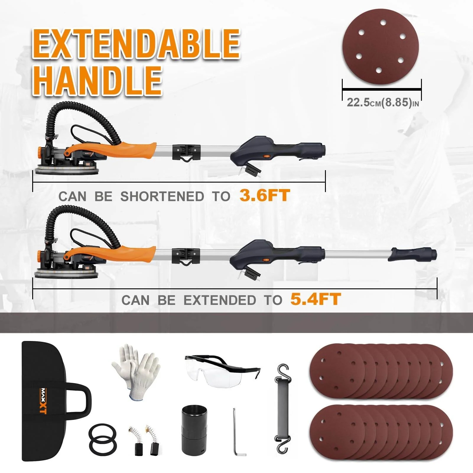 Drywall Sander with Vacuum Dust Collection, 6 Variable Speed Foldable Telescopic Electric Wall Sander, Popcorn Ceiling Removal Tool, 1900RPM Power Sander Tool, LED Light, 18Pcs Sanding Discs,Power D - Image 2