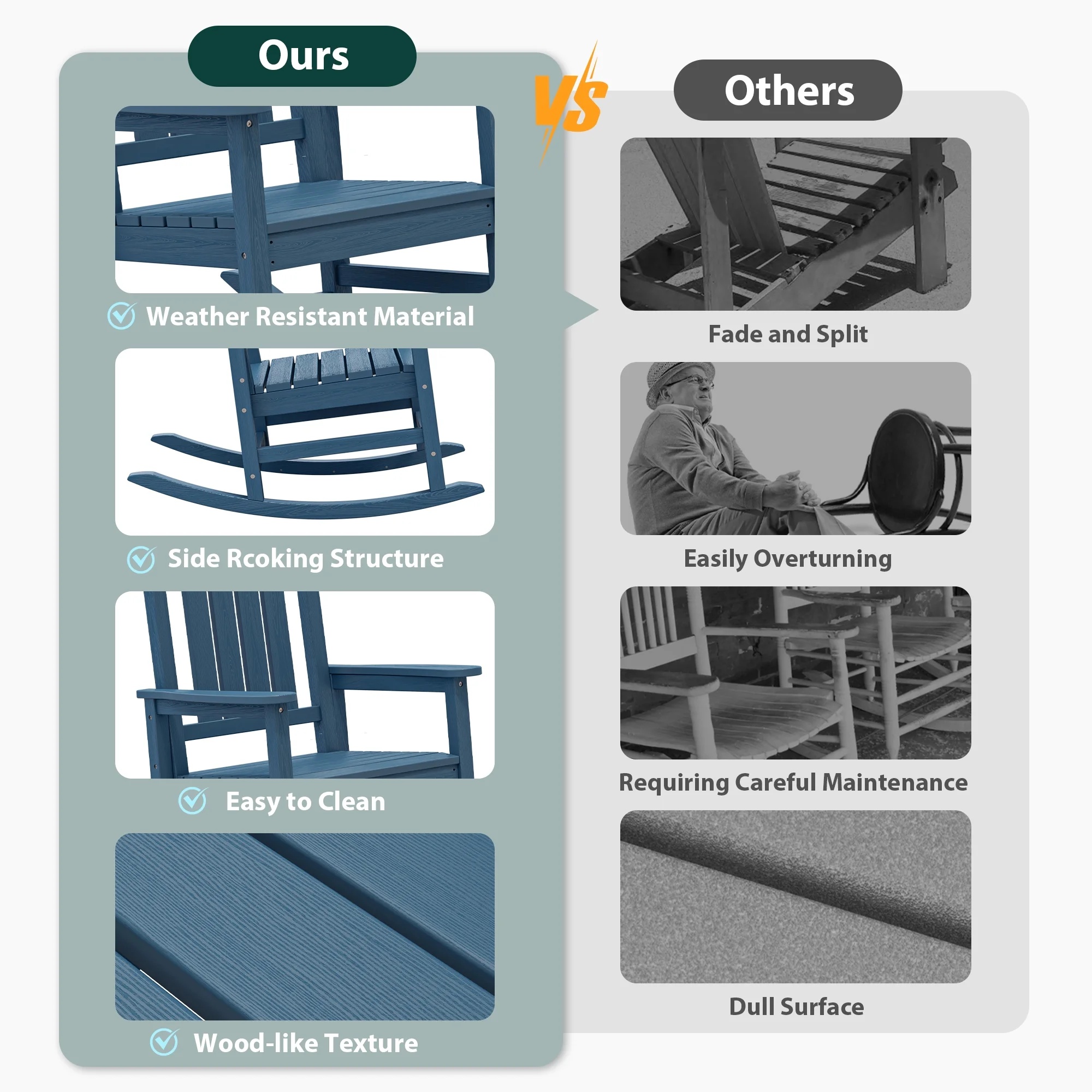 KINGYES HDPE Outdoor Rocking Chairs Set of 2,HDPE Patio Rocker for Porch,Black - Image 23