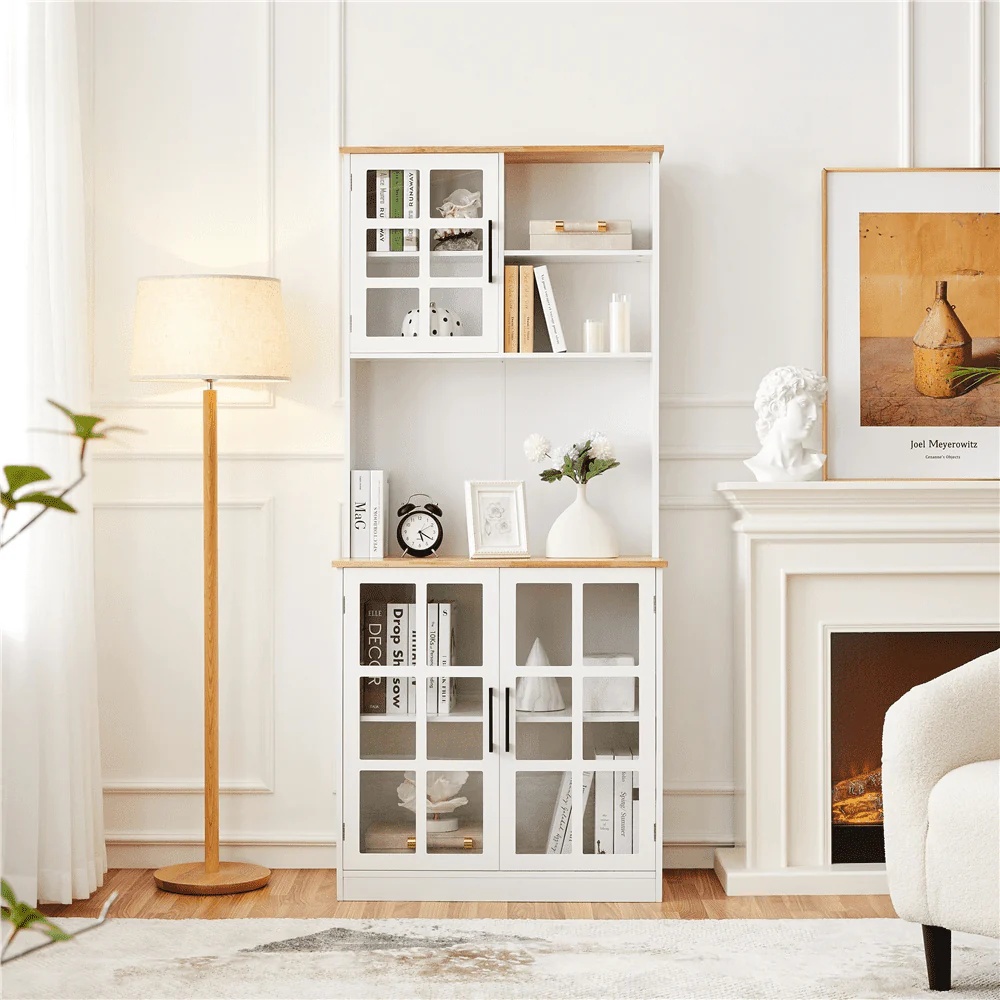 SmileMart 72"H Kitchen Pantry Storage with 3 Cabinets 2 Open Shelves for Dining Room, White - Image 9