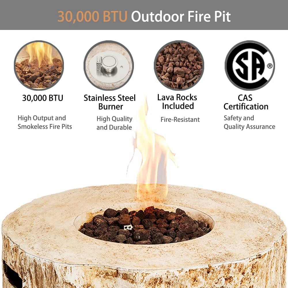 UIXE Gas Fire Pit Bowl Table, Faux Stump Outdoor Propane Firepit Round Table with Lava Rock, Waterproof Cover, Smokeless Fire Pit for Outside Patio Garden Backyard, 28 inch 30,000 BTU, CSA Approved - Image 3