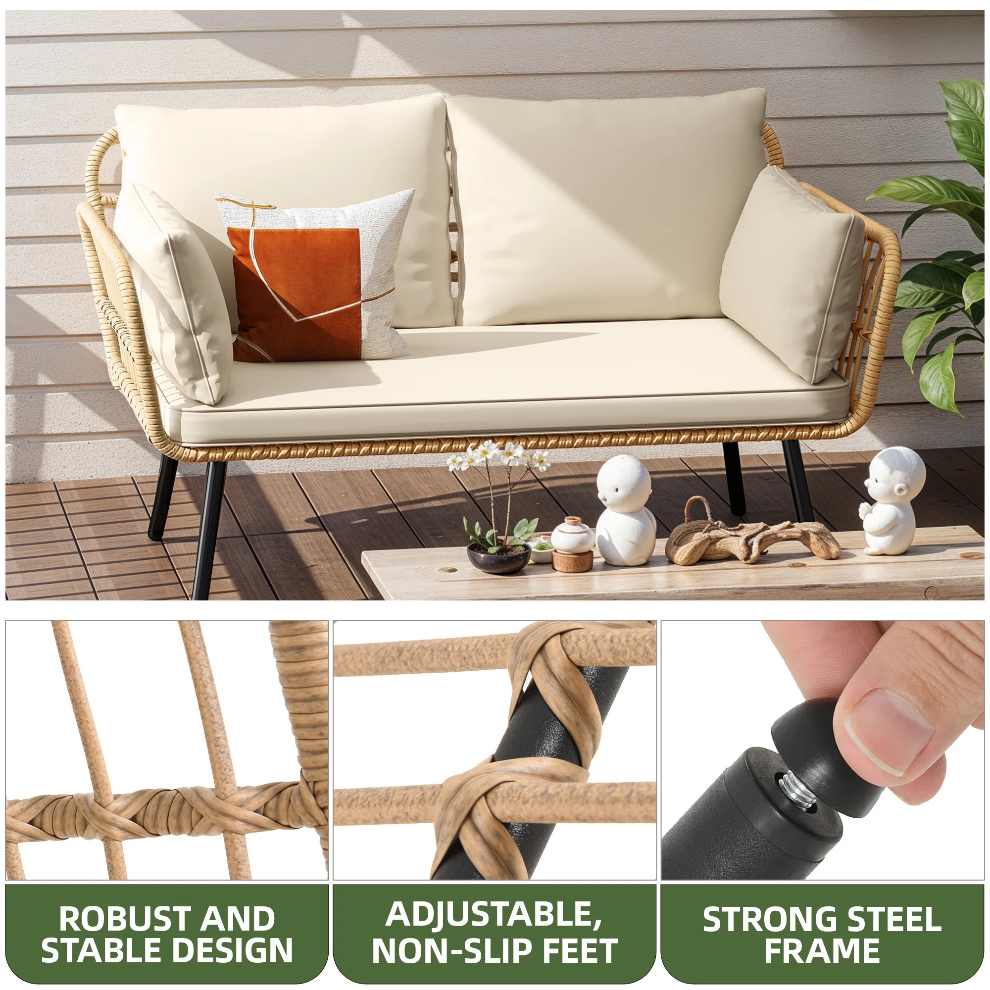 Uforic Outdoor Wicker Loveseat with Cushions and Rattan Side Table, All-Weather 2 Pieces Bistro Patio Conversation Furniture Set -Beige - Image 30