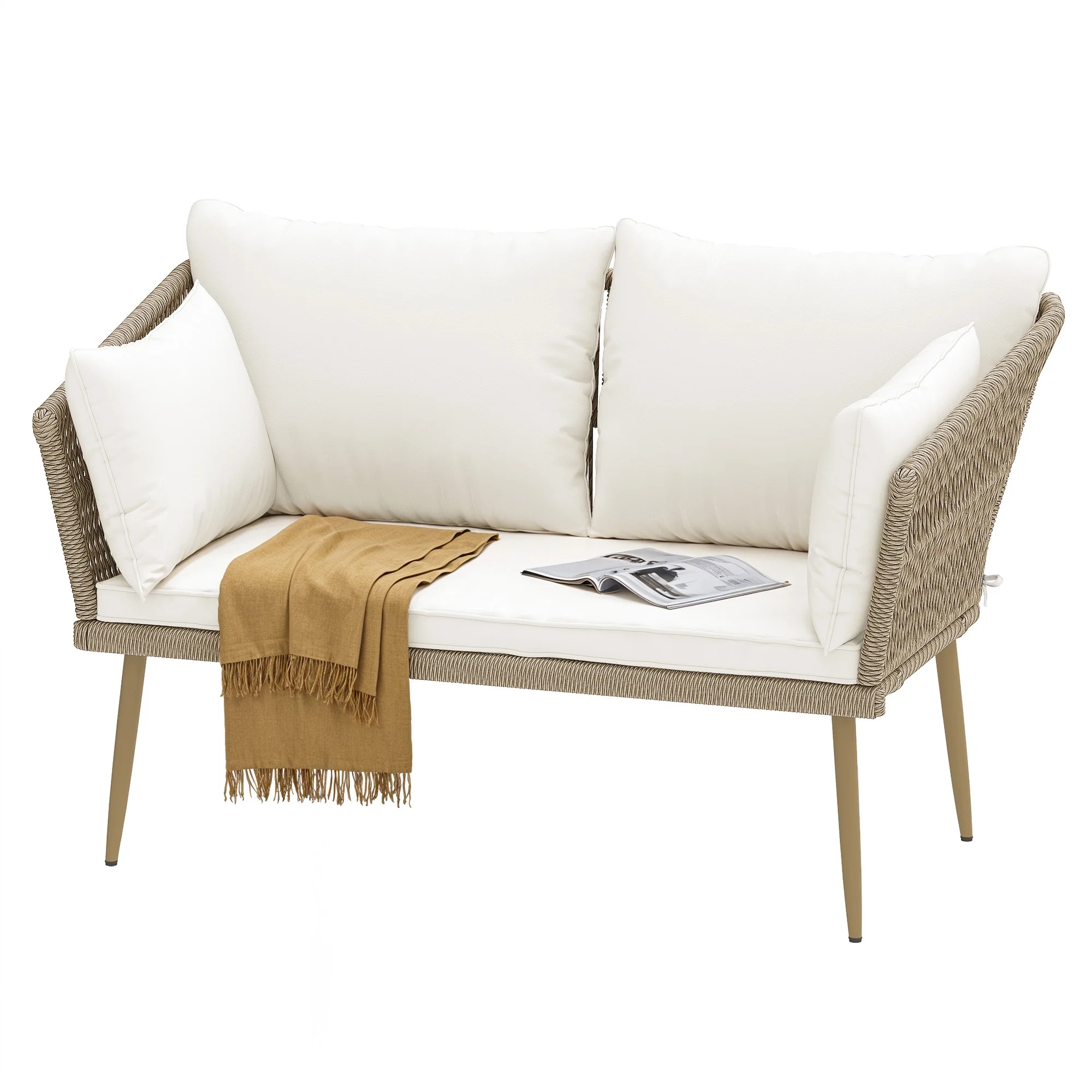 Uforic Outdoor Wicker Loveseat with Cushions and Rattan Side Table, All-Weather 2 Pieces Bistro Patio Conversation Furniture Set -Beige - Image 16