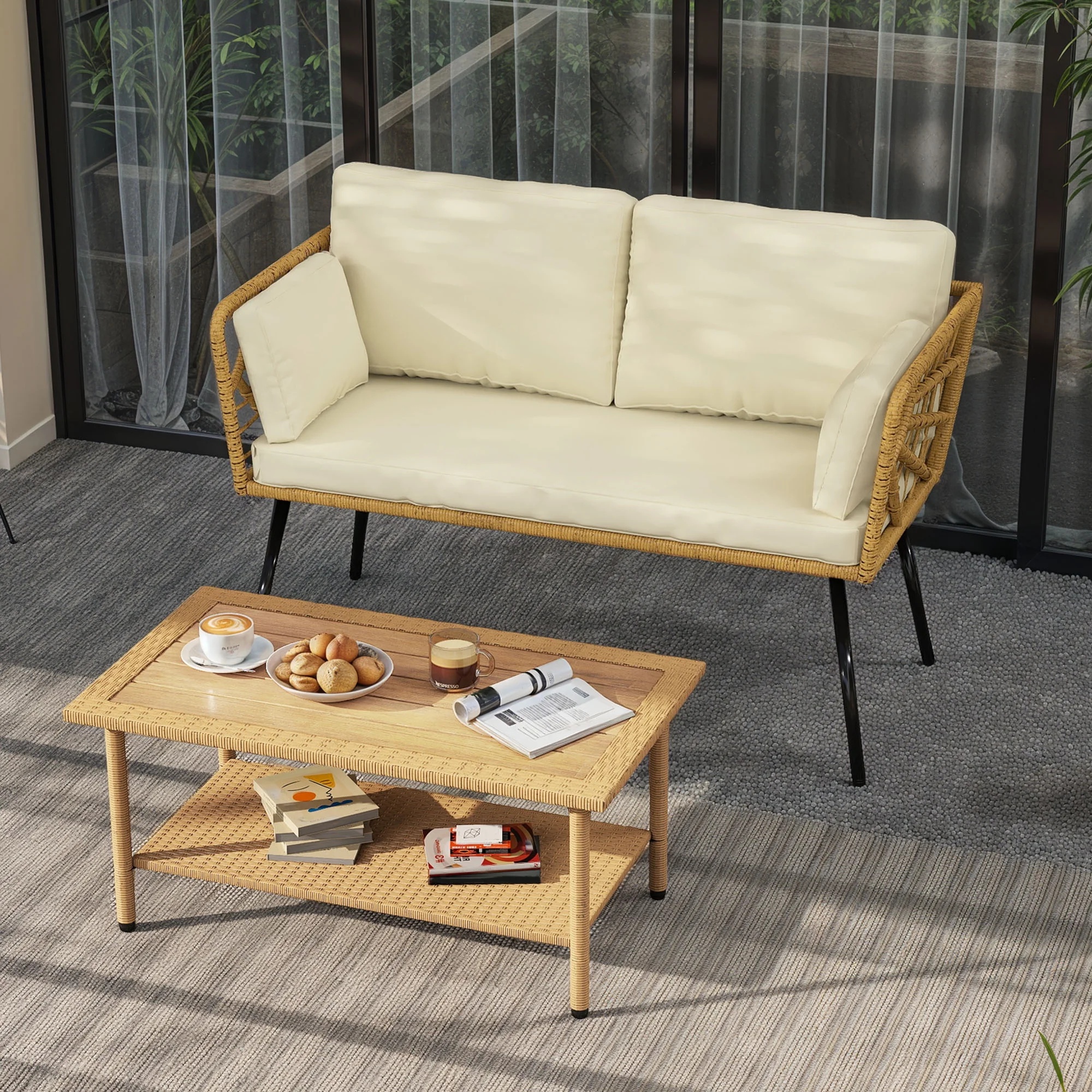 Uforic Outdoor Wicker Loveseat with Cushions and Rattan Side Table, All-Weather 2 Pieces Bistro Patio Conversation Furniture Set -Beige - Image 11