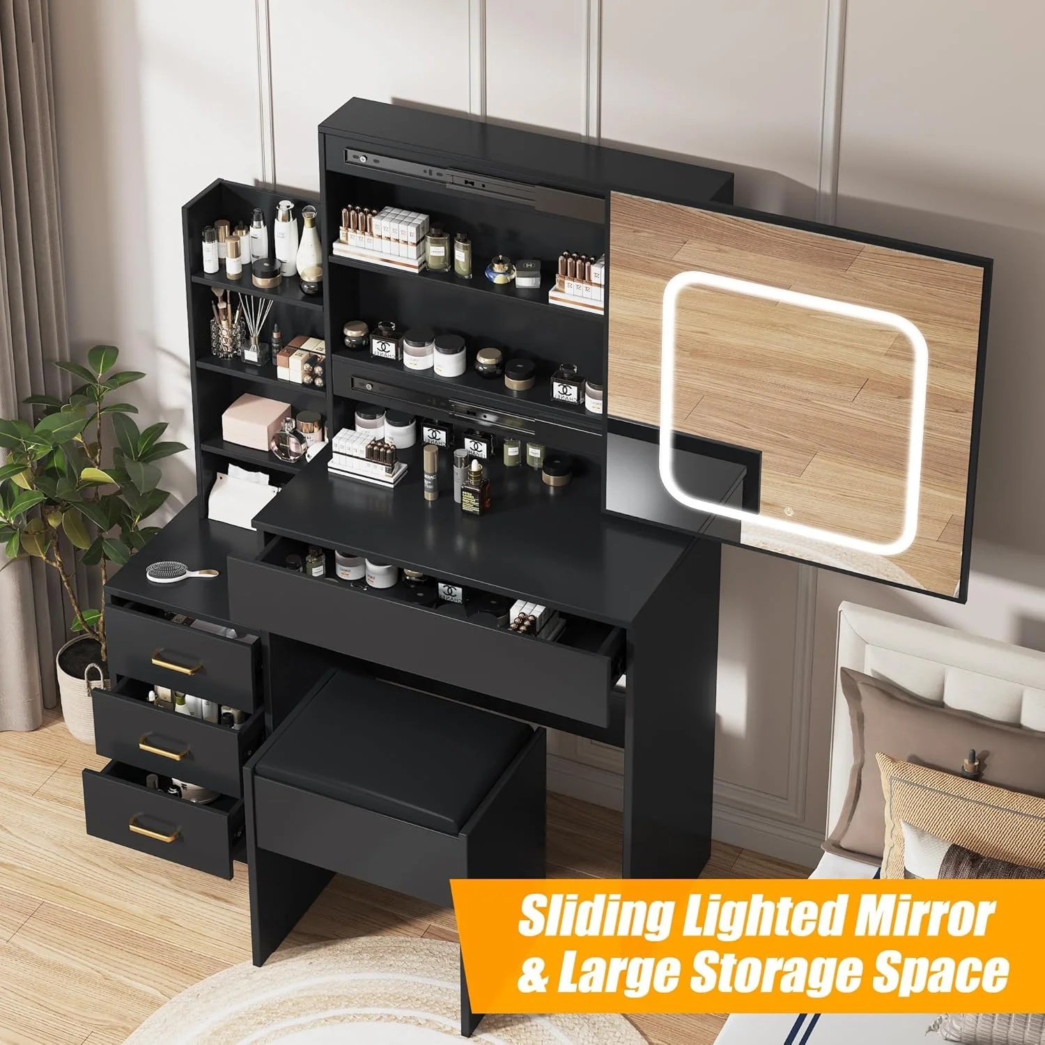 Vanity Desk with Sliding Mirror and Lights, Makeup Vanity Set with Power Outlet, 4 Drawers, Stool, Open Shelves, 3 Color Lighting Modes, Brightness Adjustable, Makeup Dressing Table for Bedroom - Image 10